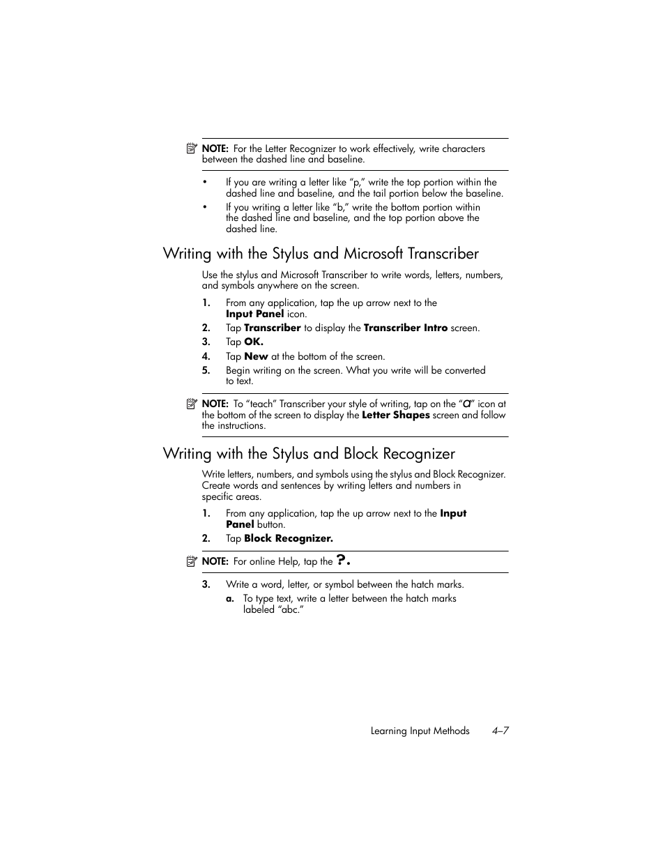 Writing with the stylus and microsoft transcriber, Writing with the stylus and block recognizer, Writing with the stylus and block recognizer –7 | HP iPAQ hw6500 Unlocked Mobile Messenger series User Manual | Page 44 / 170