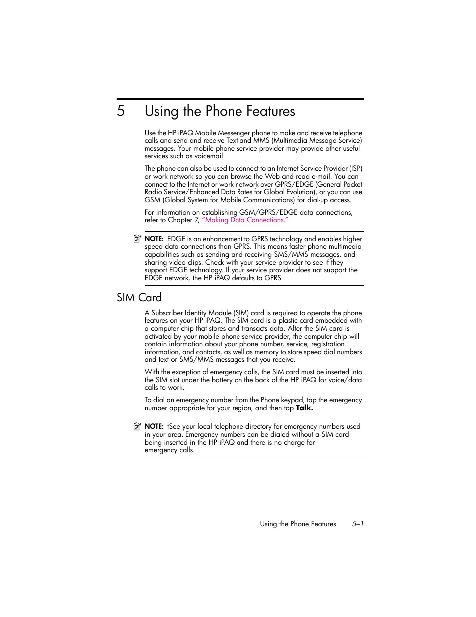 Using the phone features, Sim card, 5 using the phone features | Sim card –1, 5using the phone features | HP iPAQ hw6500 Unlocked Mobile Messenger series User Manual | Page 48 / 170
