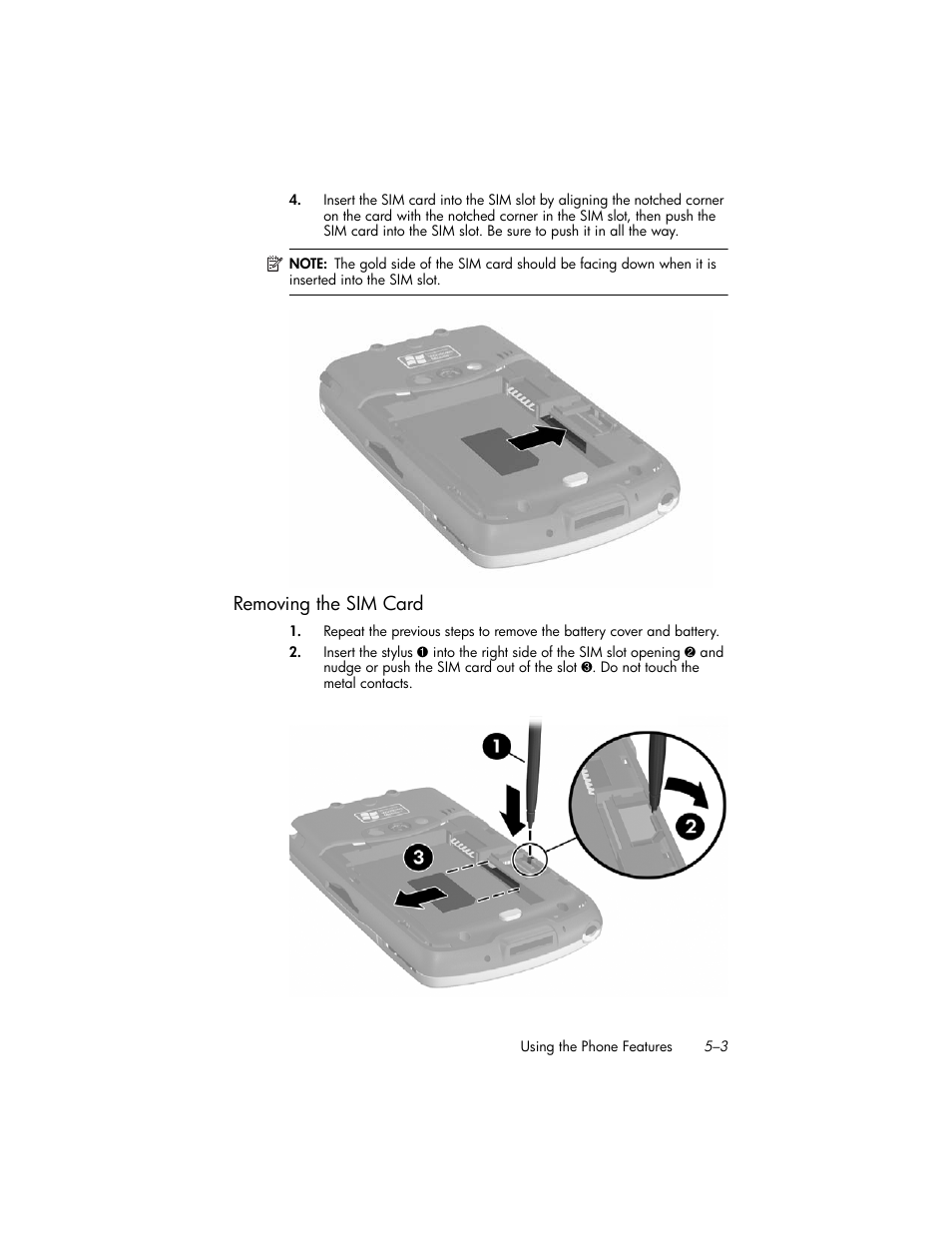 Removing the sim card, Removing the sim card –3 | HP iPAQ hw6500 Unlocked Mobile Messenger series User Manual | Page 50 / 170