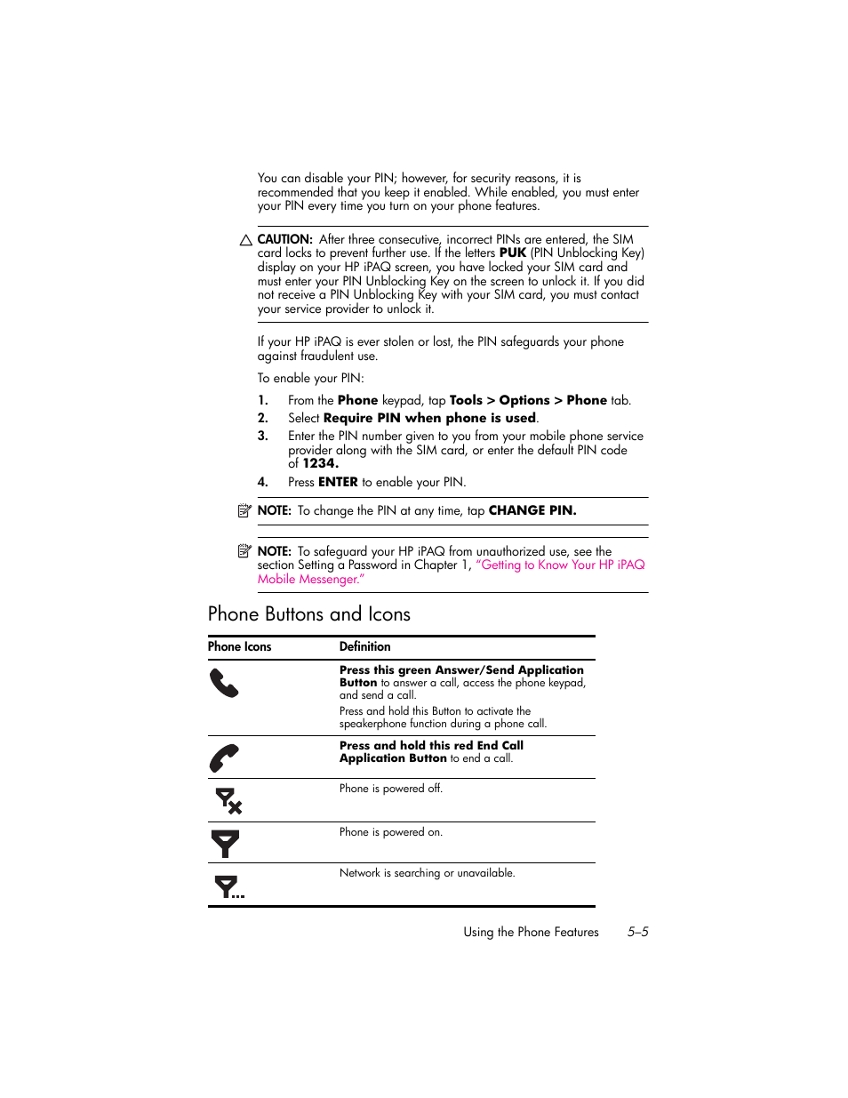 Phone buttons and icons, Phone buttons and icons –5 | HP iPAQ hw6500 Unlocked Mobile Messenger series User Manual | Page 52 / 170