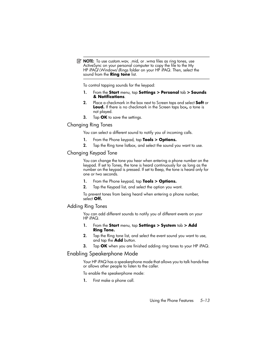 Changing ring tones, Changing keypad tone, Adding ring tones | Enabling speakerphone mode, Enabling speakerphone mode –13 | HP iPAQ hw6500 Unlocked Mobile Messenger series User Manual | Page 60 / 170