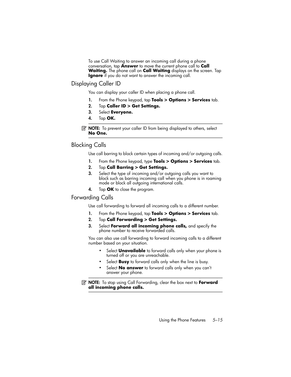 Displaying caller id, Blocking calls, Forwarding calls | Displaying caller id –15, Blocking calls –15, Forwarding calls –15 | HP iPAQ hw6500 Unlocked Mobile Messenger series User Manual | Page 62 / 170