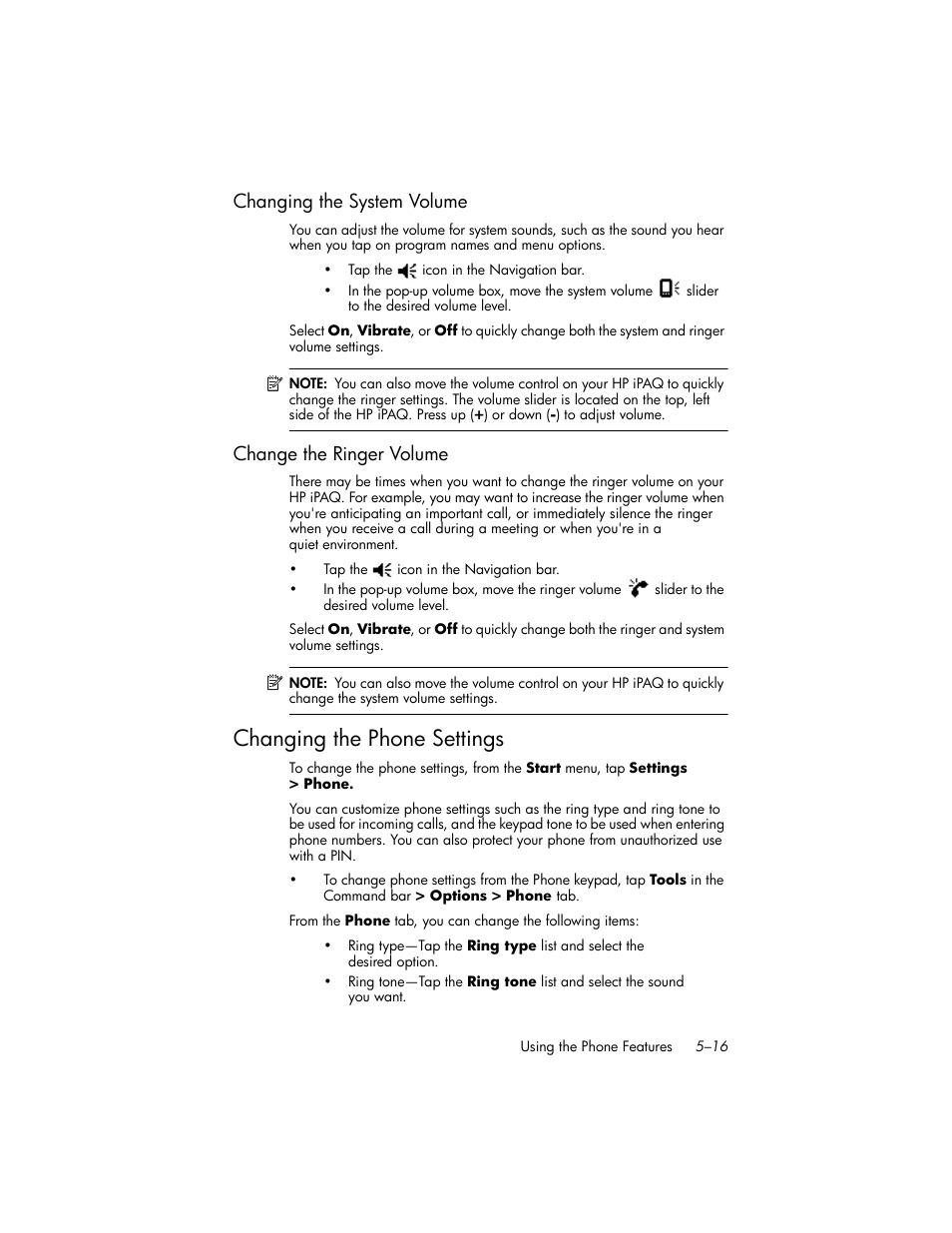 Changing the system volume, Change the ringer volume, Changing the phone settings | Changing the system volume –16, Change the ringer volume –16, Changing the phone settings –16 | HP iPAQ hw6500 Unlocked Mobile Messenger series User Manual | Page 63 / 170