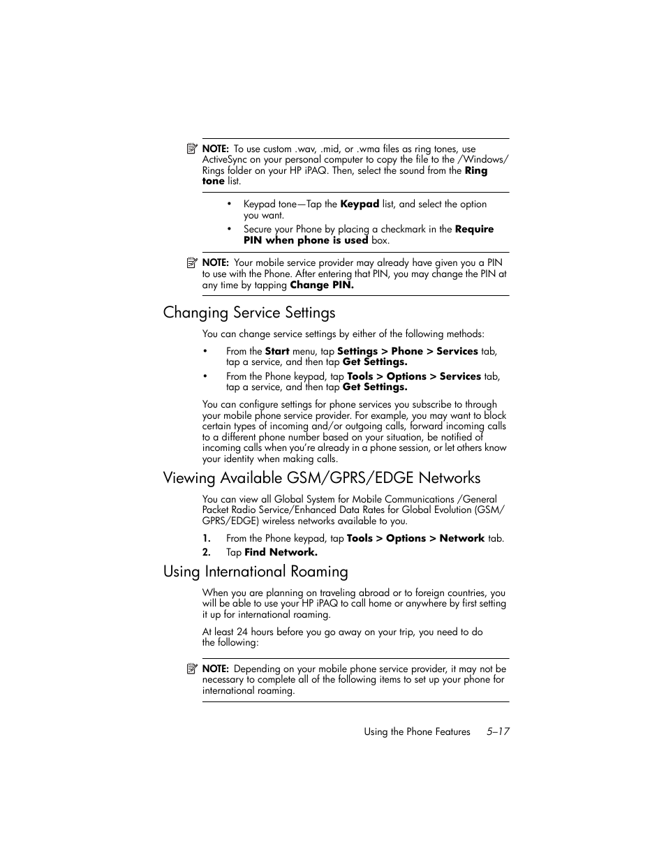 Changing service settings, Viewing available gsm/gprs/edge networks, Using international roaming | Changing service settings –17, Viewing available gsm/gprs/edge networks –17, Using international roaming –17 | HP iPAQ hw6500 Unlocked Mobile Messenger series User Manual | Page 64 / 170