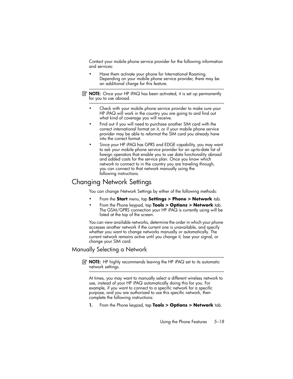 Changing network settings, Manually selecting a network, Changing network settings –18 | Manually selecting a network –18 | HP iPAQ hw6500 Unlocked Mobile Messenger series User Manual | Page 65 / 170