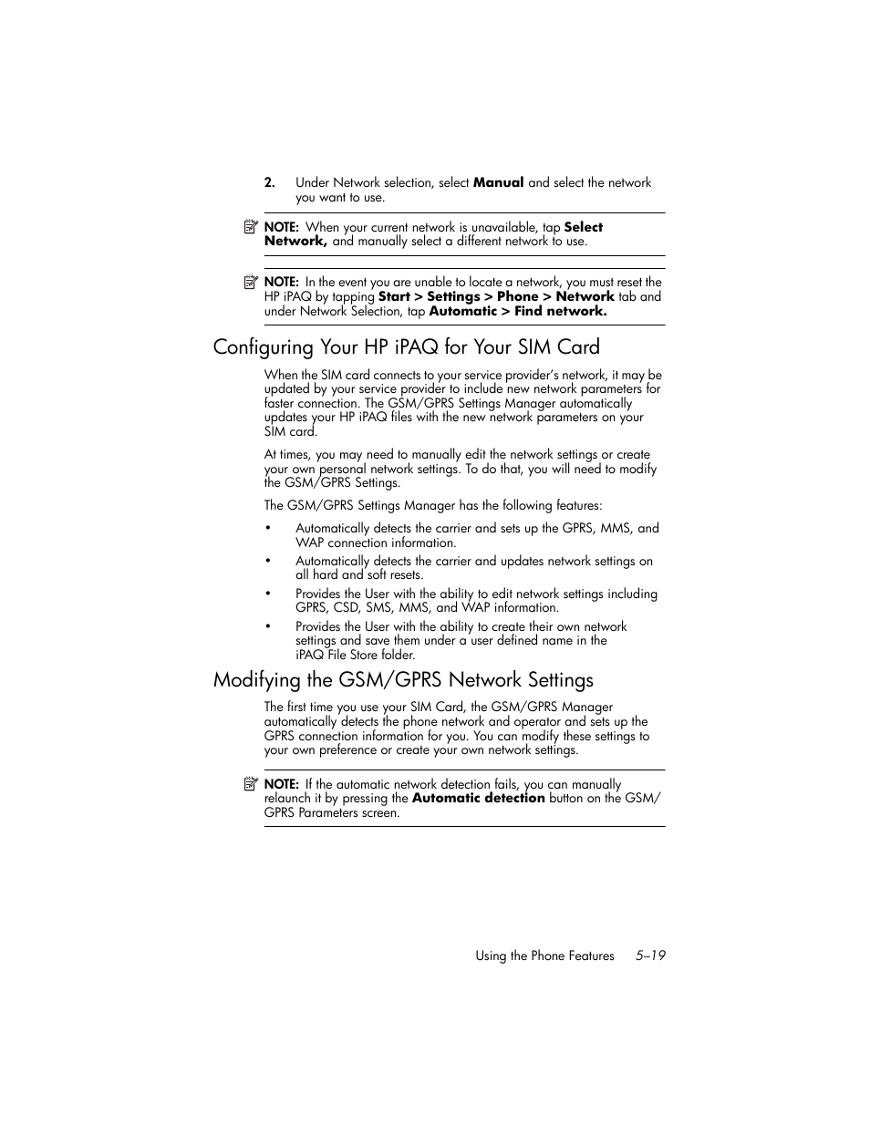 Configuring your hp ipaq for your sim card, Modifying the gsm/gprs network settings, Configuring your hp ipaq for your sim card –19 | Modifying the gsm/gprs network settings –19 | HP iPAQ hw6500 Unlocked Mobile Messenger series User Manual | Page 66 / 170