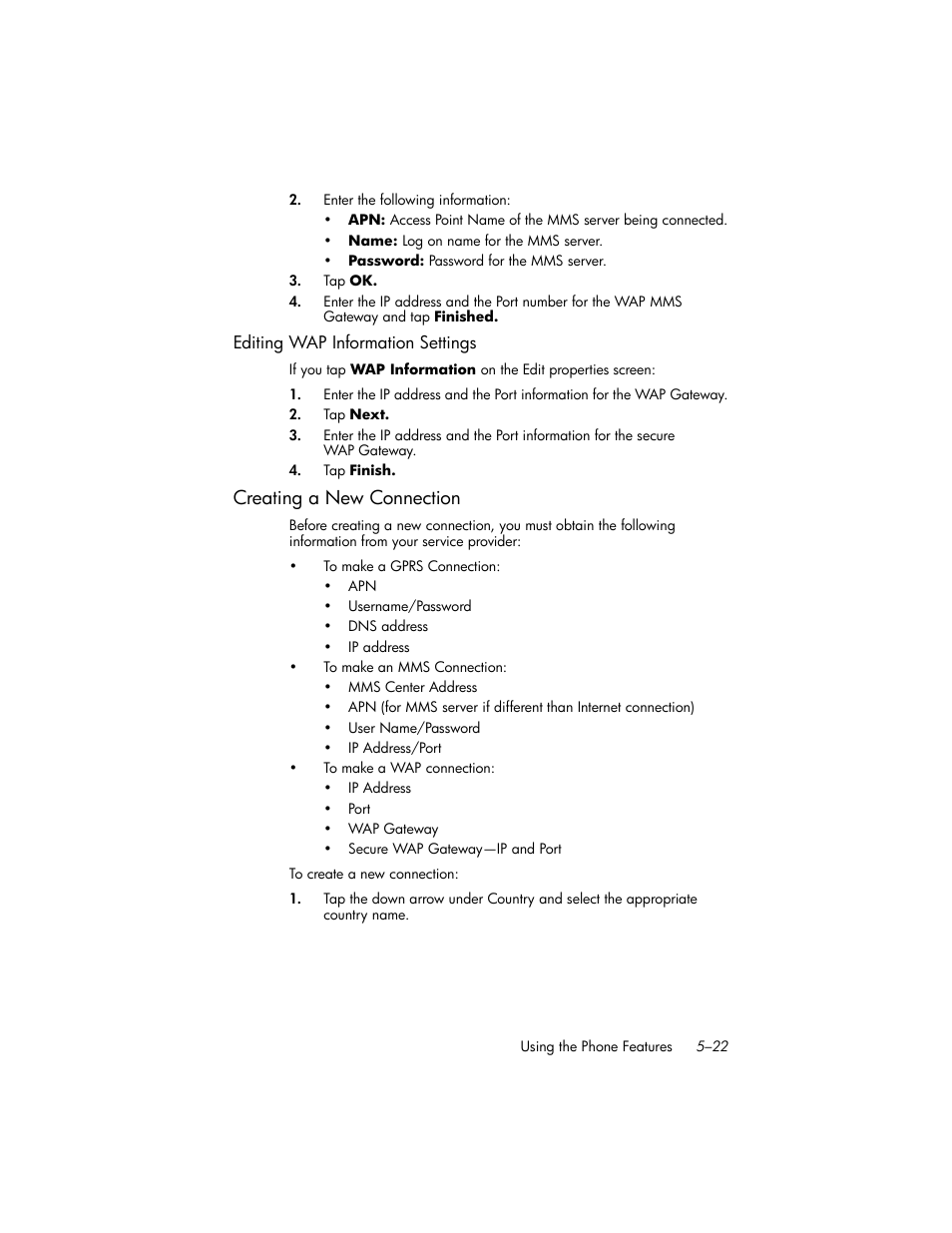 Editing wap information settings, Creating a new connection, Creating a new connection –2 | HP iPAQ hw6500 Unlocked Mobile Messenger series User Manual | Page 69 / 170