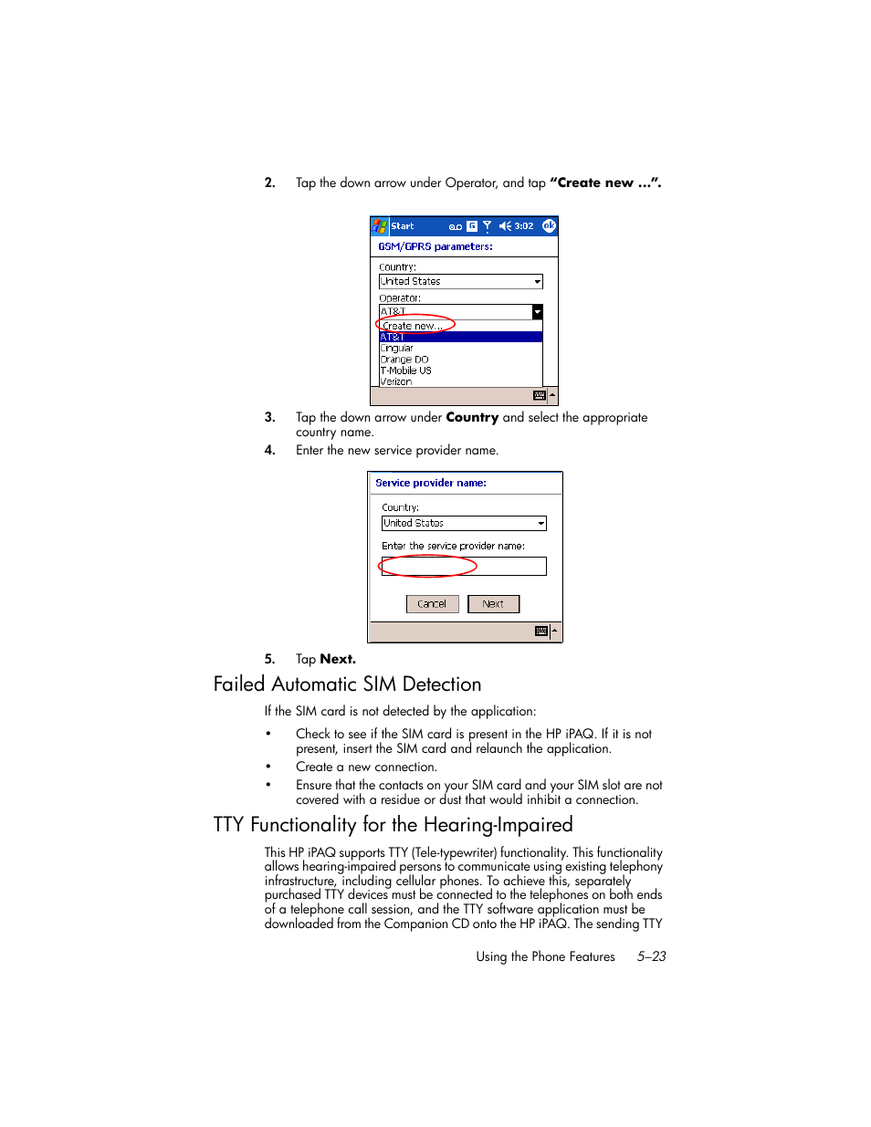 Failed automatic sim detection, Tty functionality for the hearing-impaired, Failed automatic sim detection –23 | Tty functionality for the hearing-impaired –23 | HP iPAQ hw6500 Unlocked Mobile Messenger series User Manual | Page 70 / 170
