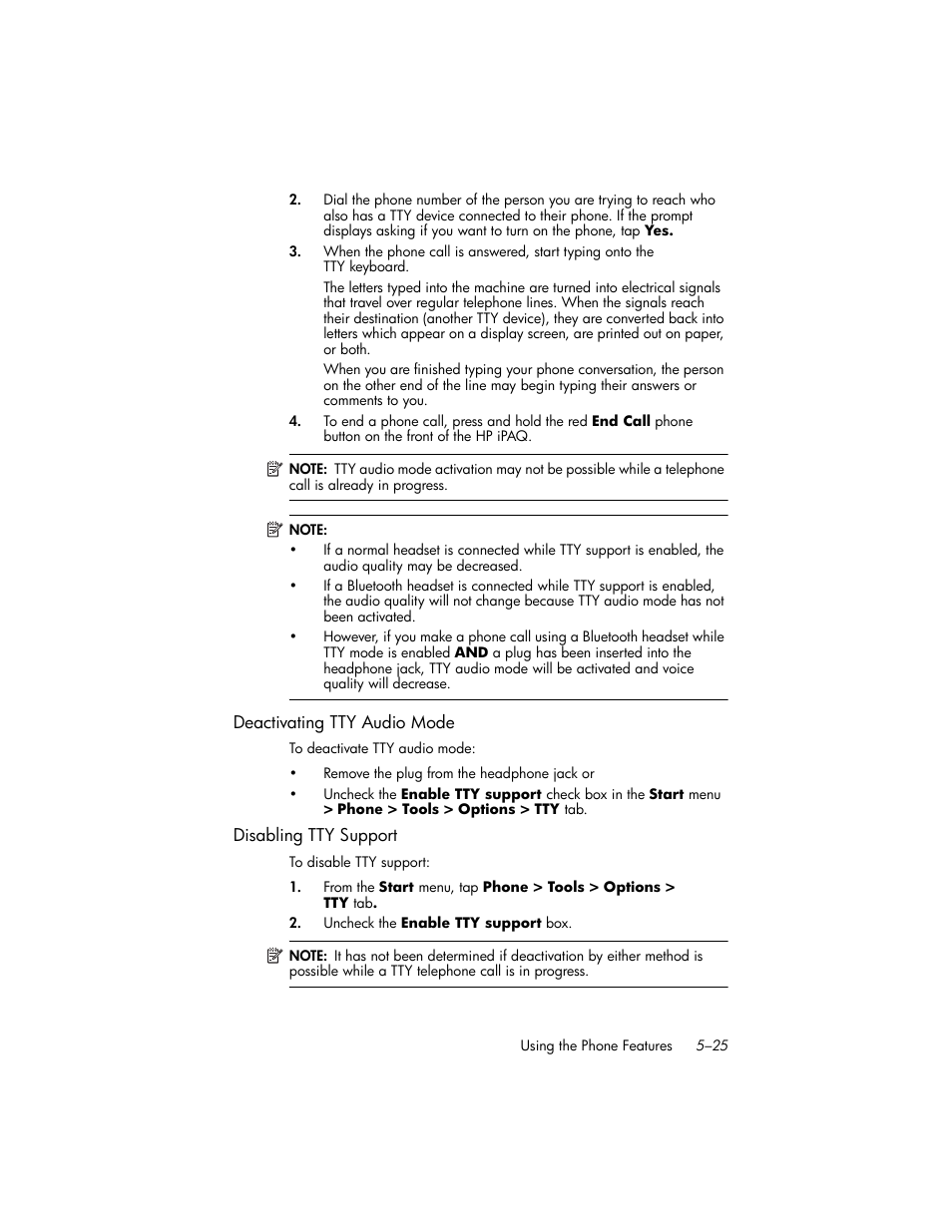 Deactivating tty audio mode, Disabling tty support | HP iPAQ hw6500 Unlocked Mobile Messenger series User Manual | Page 72 / 170