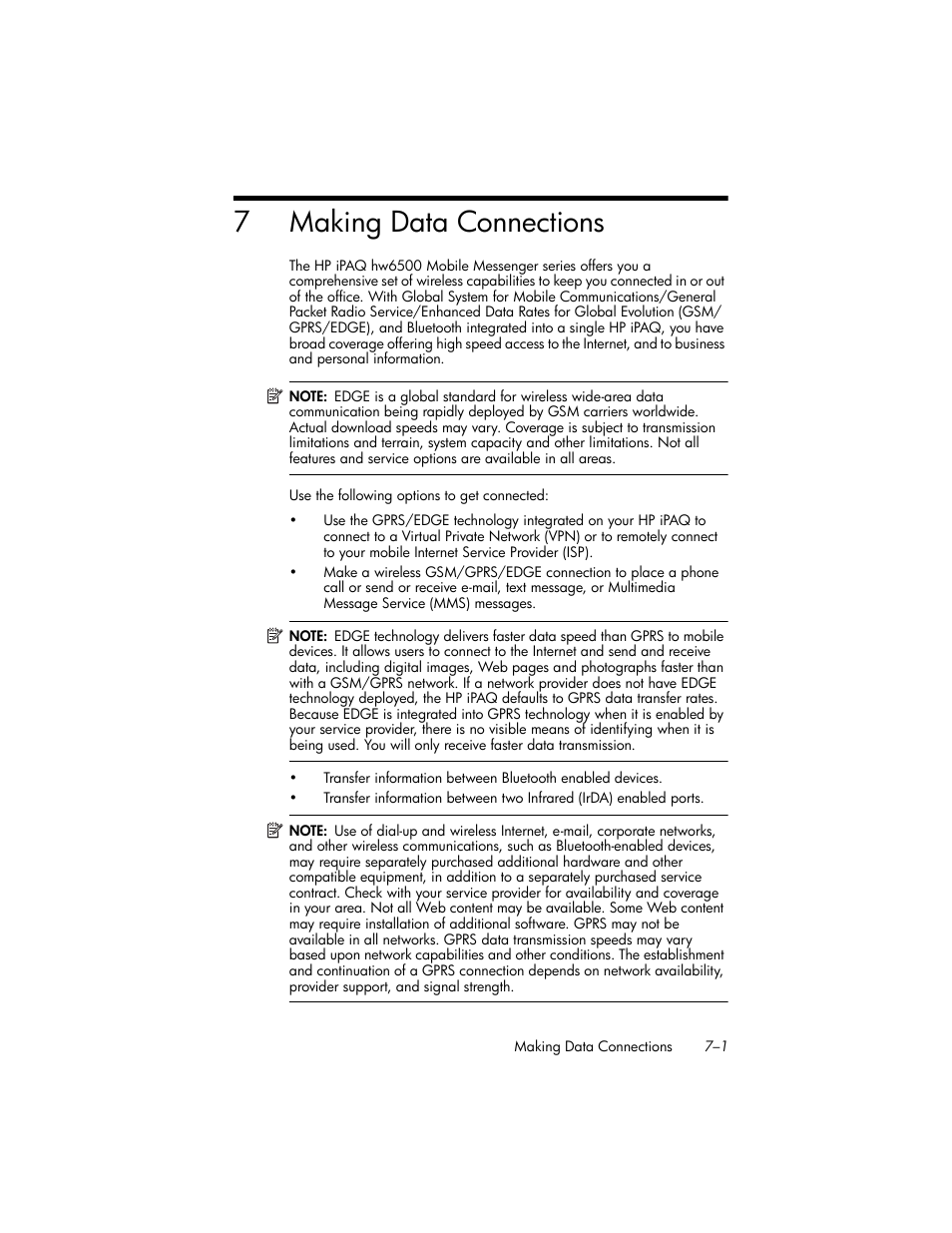 Making data connections, 7 making data connections, Chapter 7 | Making data, Connections, 7making data connections | HP iPAQ hw6500 Unlocked Mobile Messenger series User Manual | Page 76 / 170