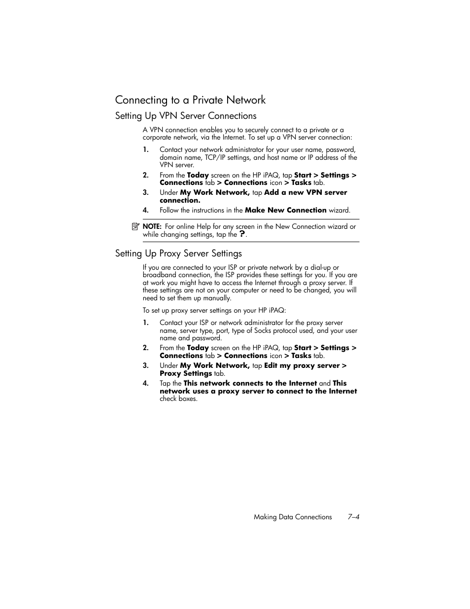 Connecting to a private network, Setting up vpn server connections, Setting up proxy server settings | Connecting to a private network –4, Setting up vpn server connections –4, Setting up proxy server settings –4 | HP iPAQ hw6500 Unlocked Mobile Messenger series User Manual | Page 79 / 170