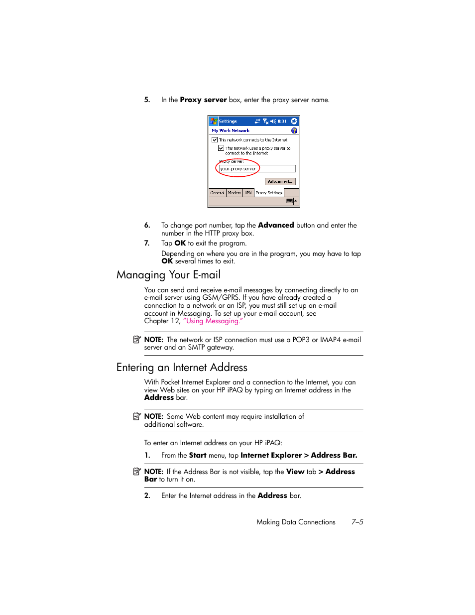 Managing your e-mail, Entering an internet address, Managing your e-mail –5 | Entering an internet address –5 | HP iPAQ hw6500 Unlocked Mobile Messenger series User Manual | Page 80 / 170