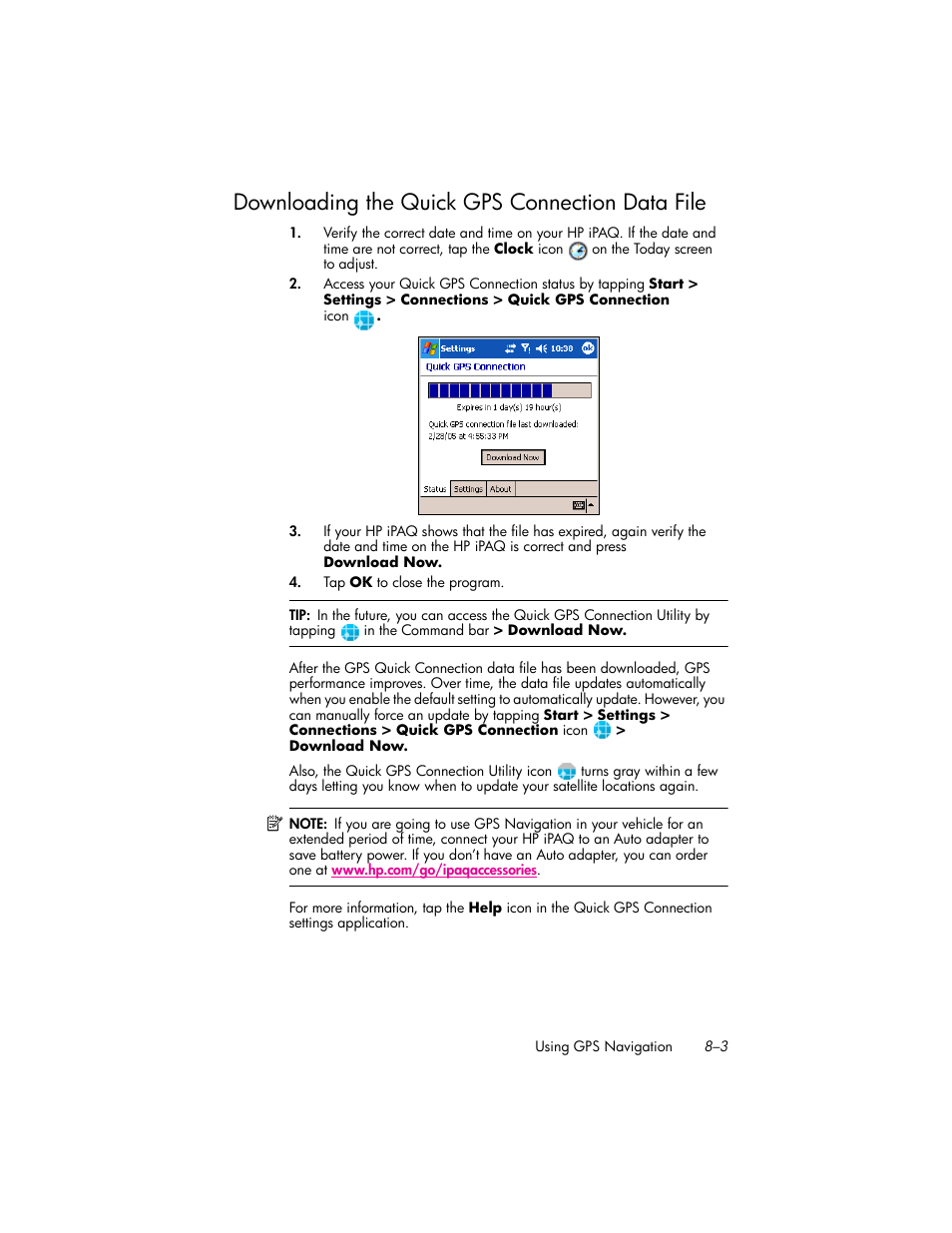 Downloading the quick gps connection data file, Downloading the quick gps connection data file –3 | HP iPAQ hw6500 Unlocked Mobile Messenger series User Manual | Page 84 / 170