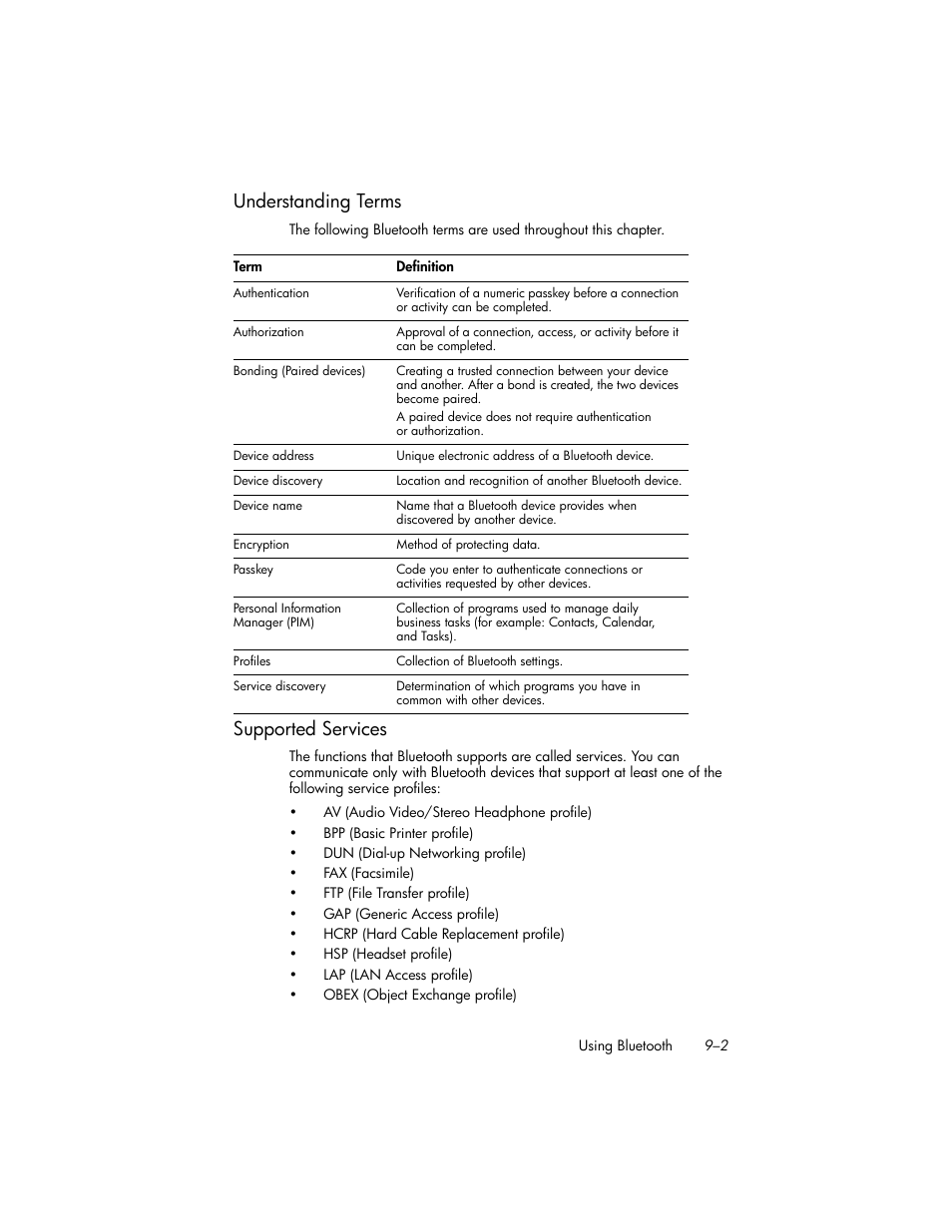 Understanding terms, Supported services, Understanding terms –2 | Supported services –2 | HP iPAQ hw6500 Unlocked Mobile Messenger series User Manual | Page 86 / 170