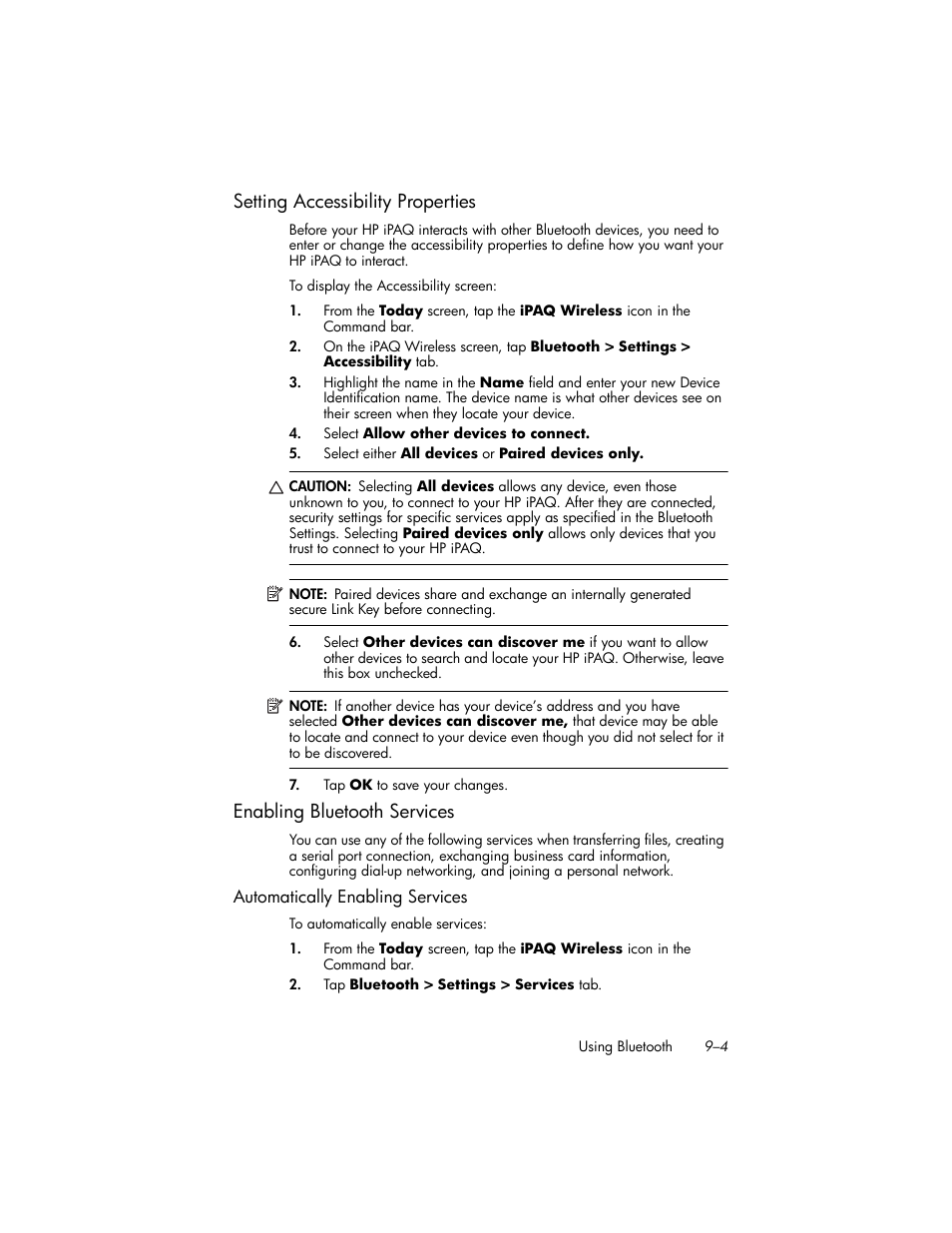 Setting accessibility properties, Enabling bluetooth services, Automatically enabling services | Setting accessibility properties –4, Enabling bluetooth services –4 | HP iPAQ hw6500 Unlocked Mobile Messenger series User Manual | Page 88 / 170
