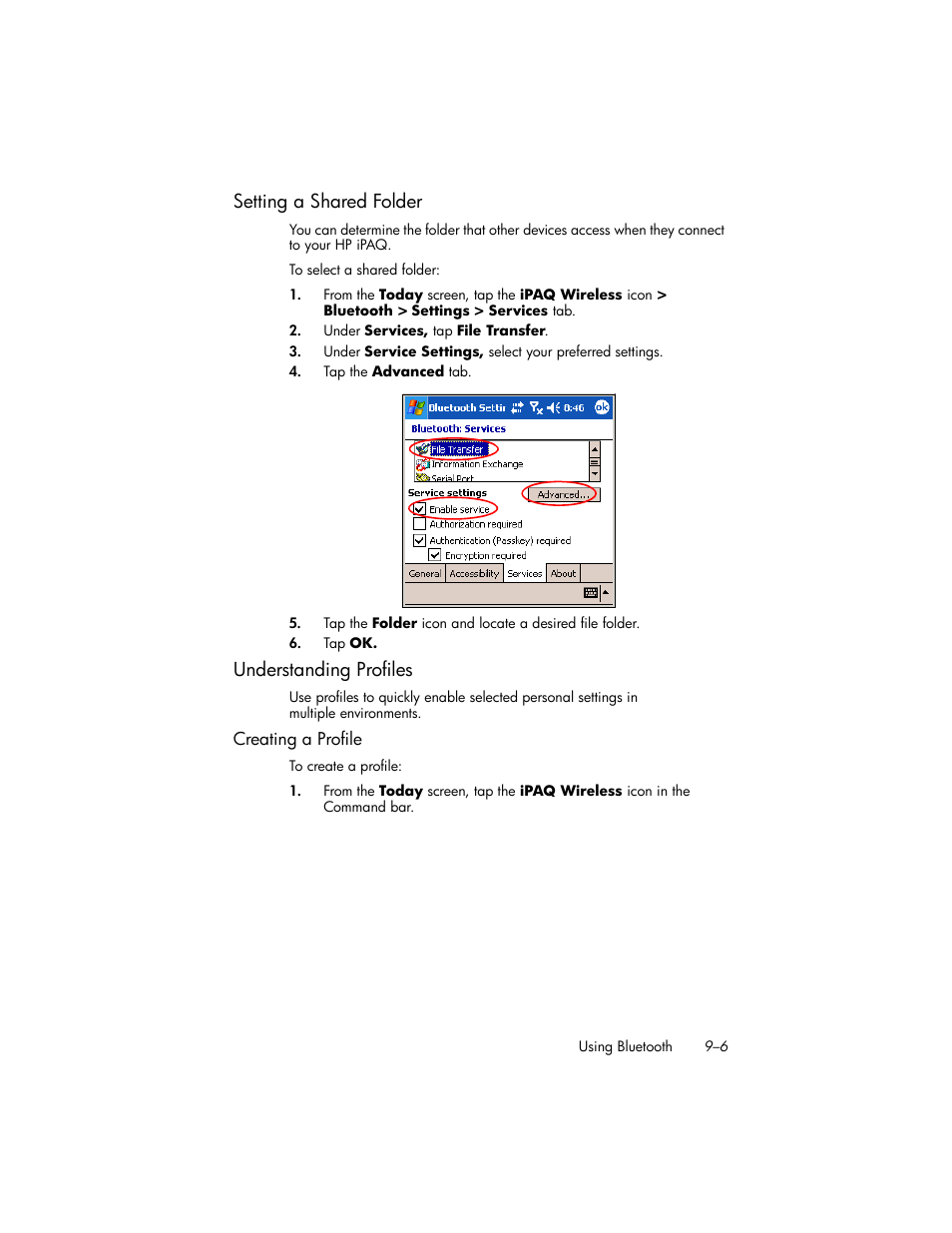 Setting a shared folder, Understanding profiles, Creating a profile | Setting a shared folder –6, Understanding profiles –6 | HP iPAQ hw6500 Unlocked Mobile Messenger series User Manual | Page 90 / 170