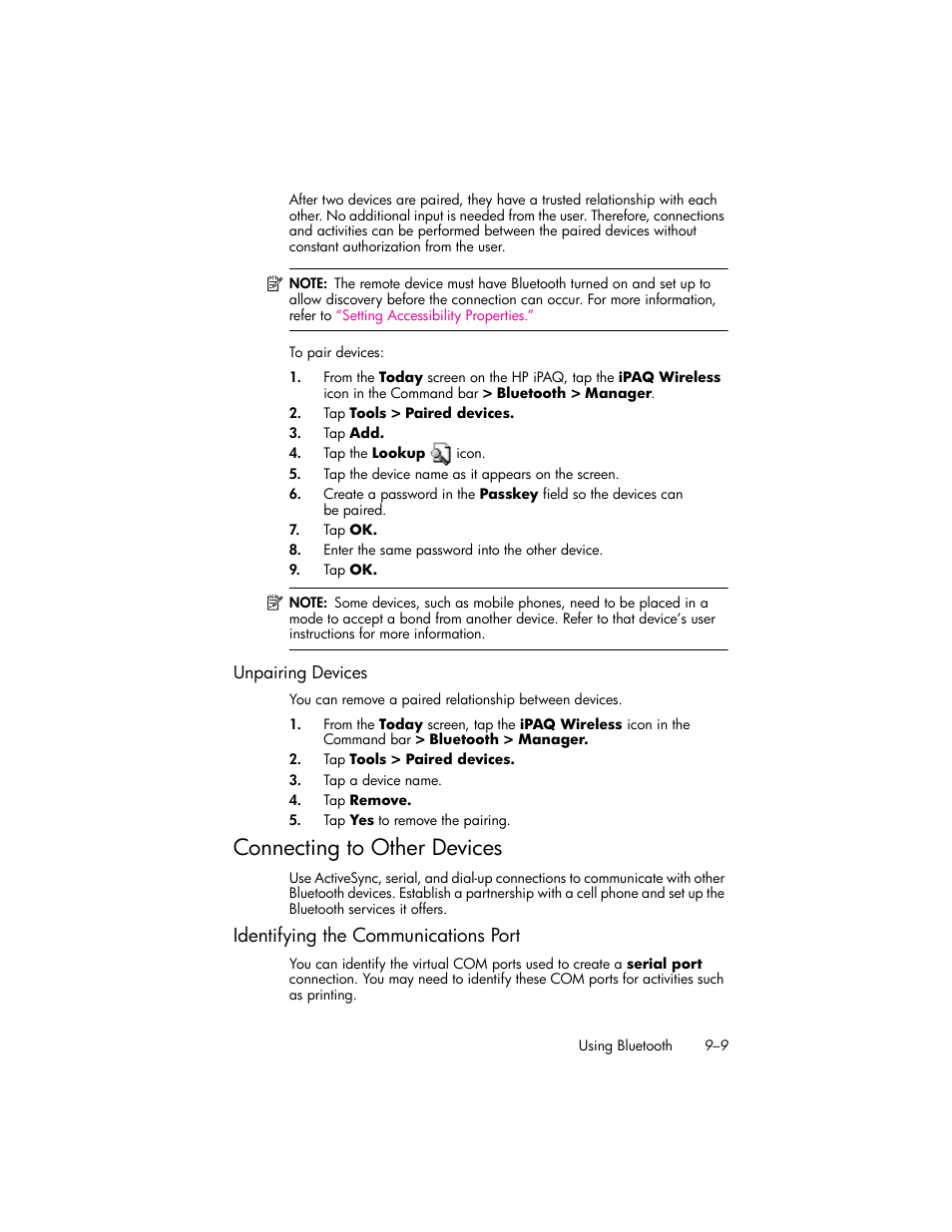 Unpairing devices, Connecting to other devices, Identifying the communications port | Connecting to other devices –9, Identifying the communications port –9 | HP iPAQ hw6500 Unlocked Mobile Messenger series User Manual | Page 93 / 170