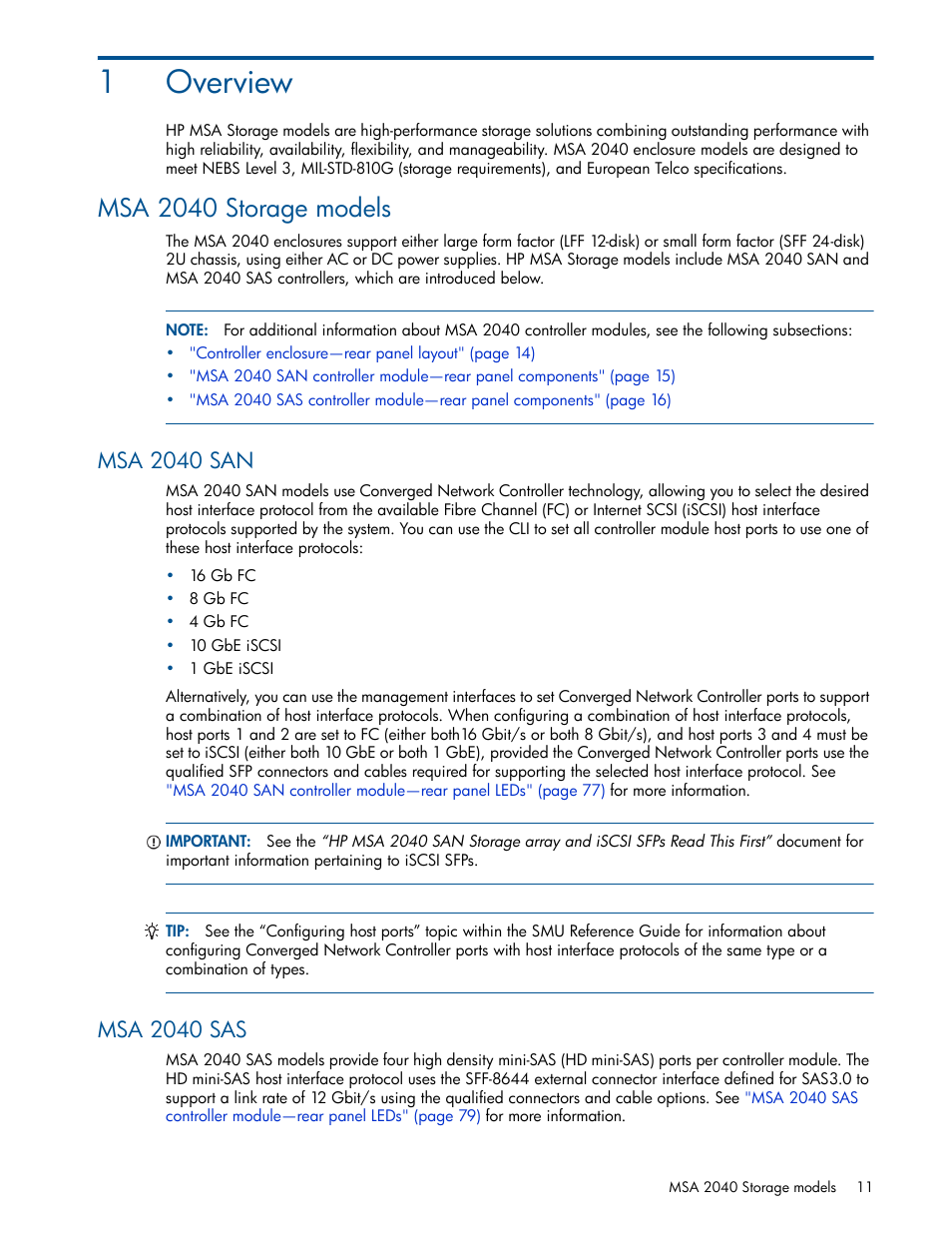 Overview, Msa 2040 storage models, Msa 2040 san | Msa 2040 sas, 1 overview, 1overview | HP MSA 2040 SAN Storage User Manual | Page 11 / 94