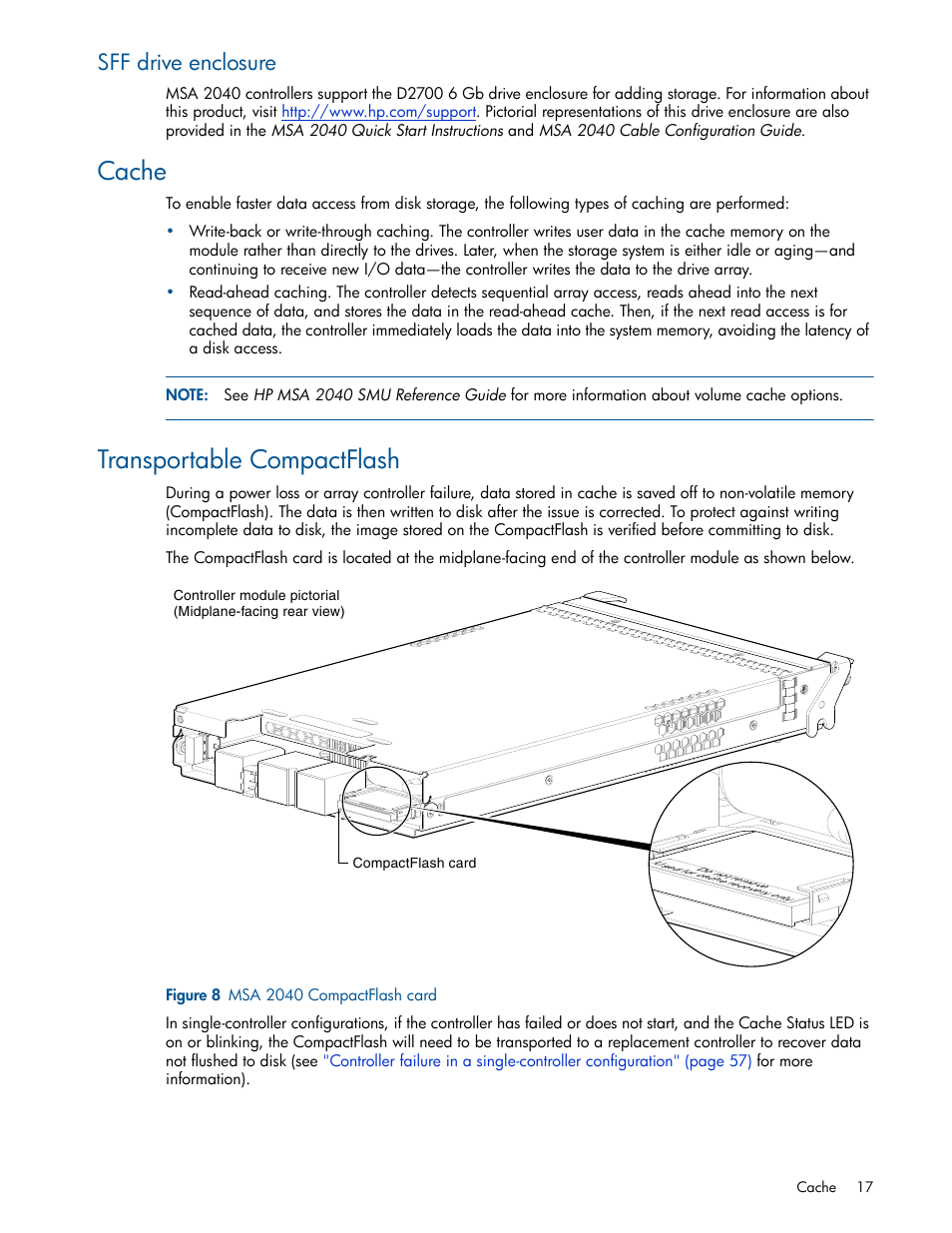 Sff drive enclosure, Cache, Transportable compactflash | 8 msa 2040 compactflash card | HP MSA 2040 SAN Storage User Manual | Page 17 / 94