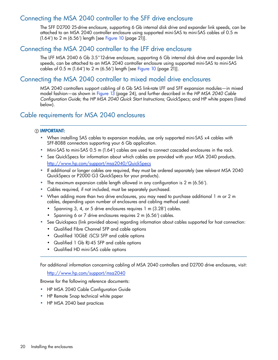 Cable requirements for msa 2040 enclosures | HP MSA 2040 SAN Storage User Manual | Page 20 / 94