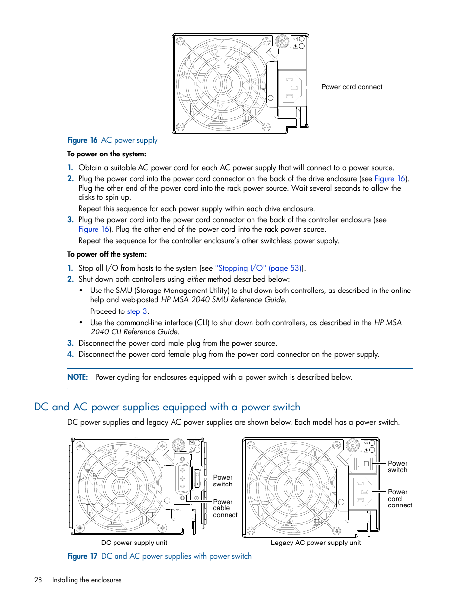16 ac power supply, 17 dc and ac power supplies with power switch, Dc and | HP MSA 2040 SAN Storage User Manual | Page 28 / 94