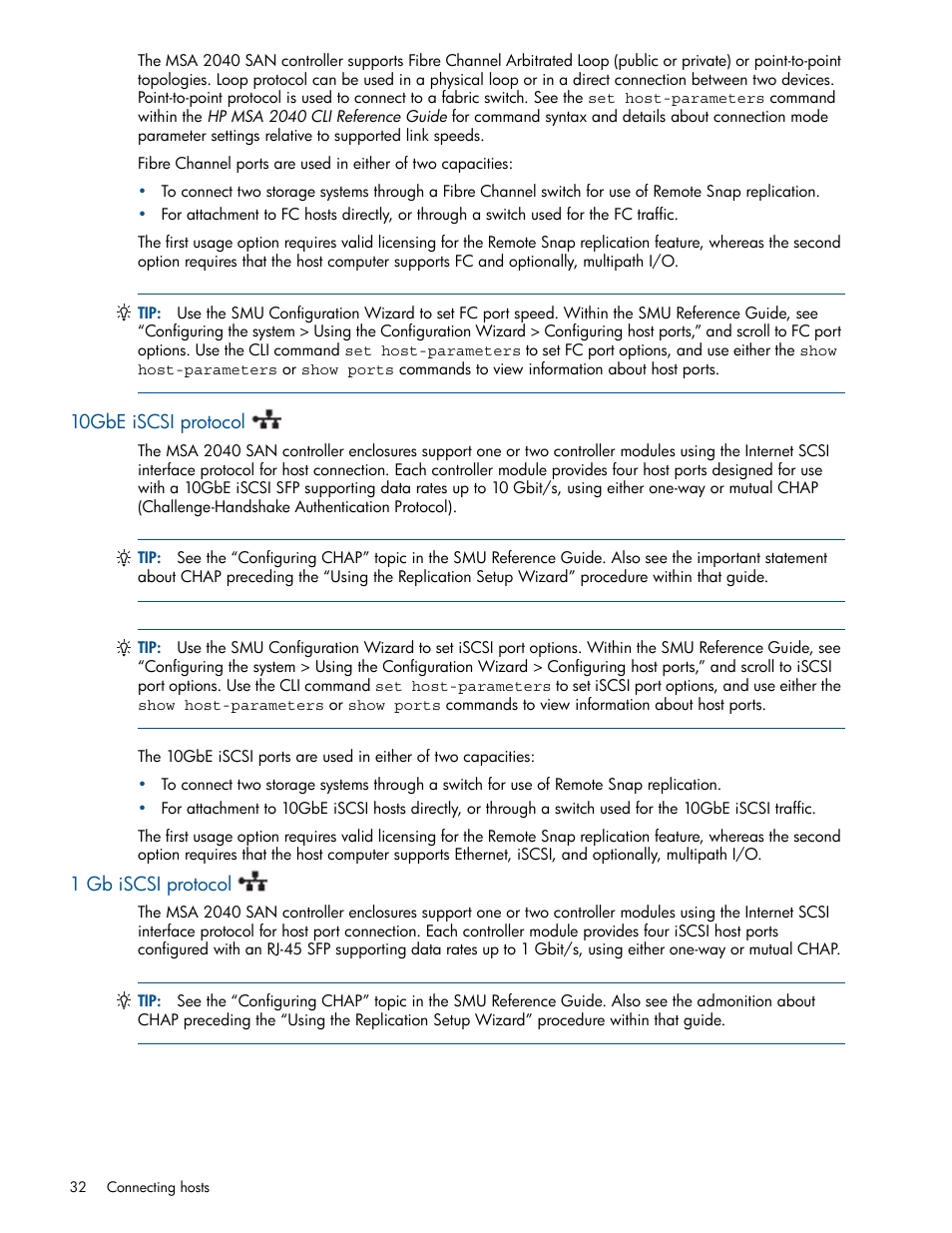 10gbe iscsi protocol, 1 gb iscsi protocol | HP MSA 2040 SAN Storage User Manual | Page 32 / 94
