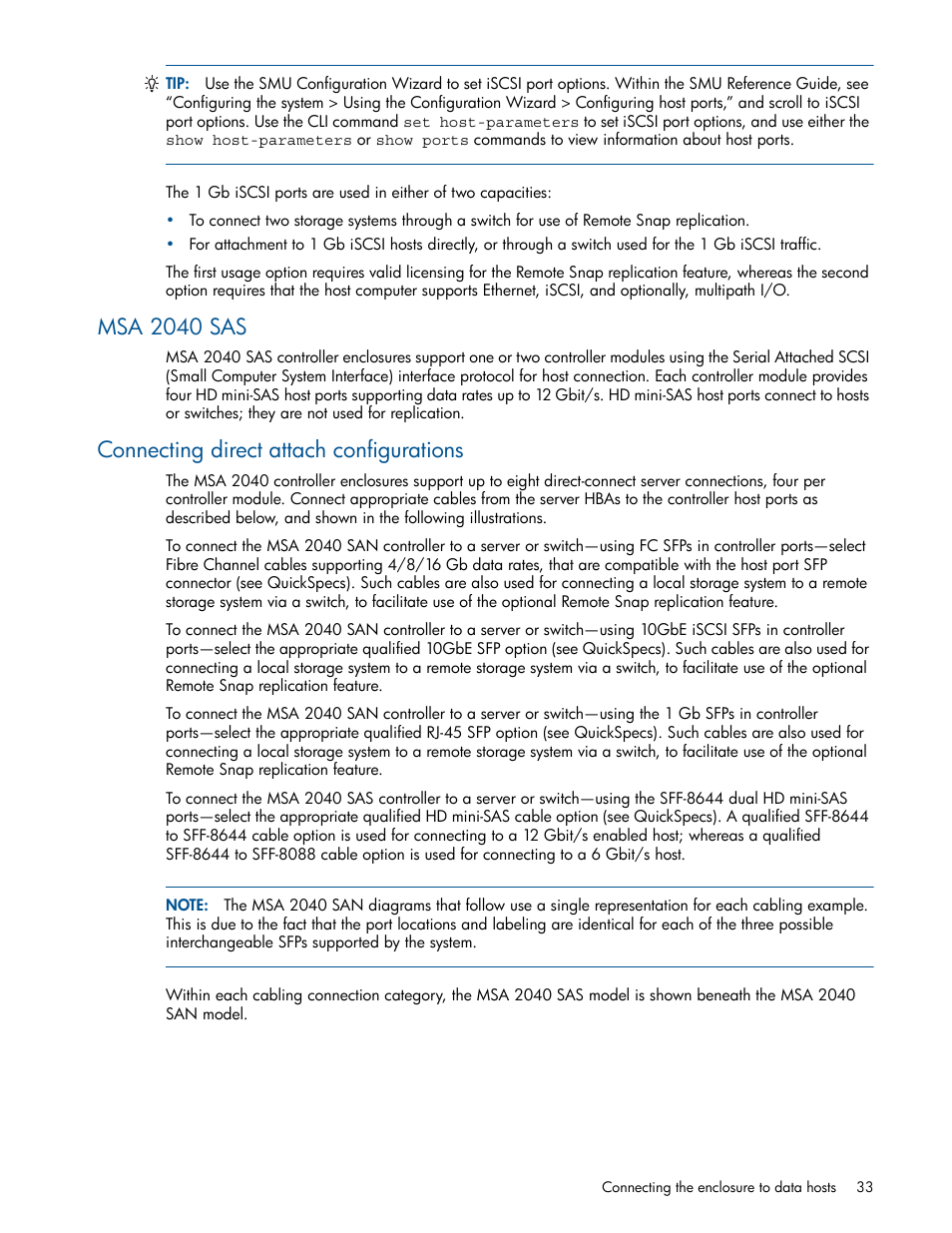 Msa 2040 sas, Connecting direct attach configurations | HP MSA 2040 SAN Storage User Manual | Page 33 / 94