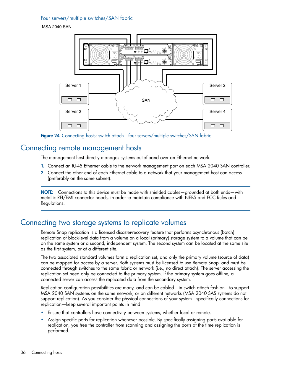 Connecting remote management hosts, Four servers/multiple switches/san fabric | HP MSA 2040 SAN Storage User Manual | Page 36 / 94