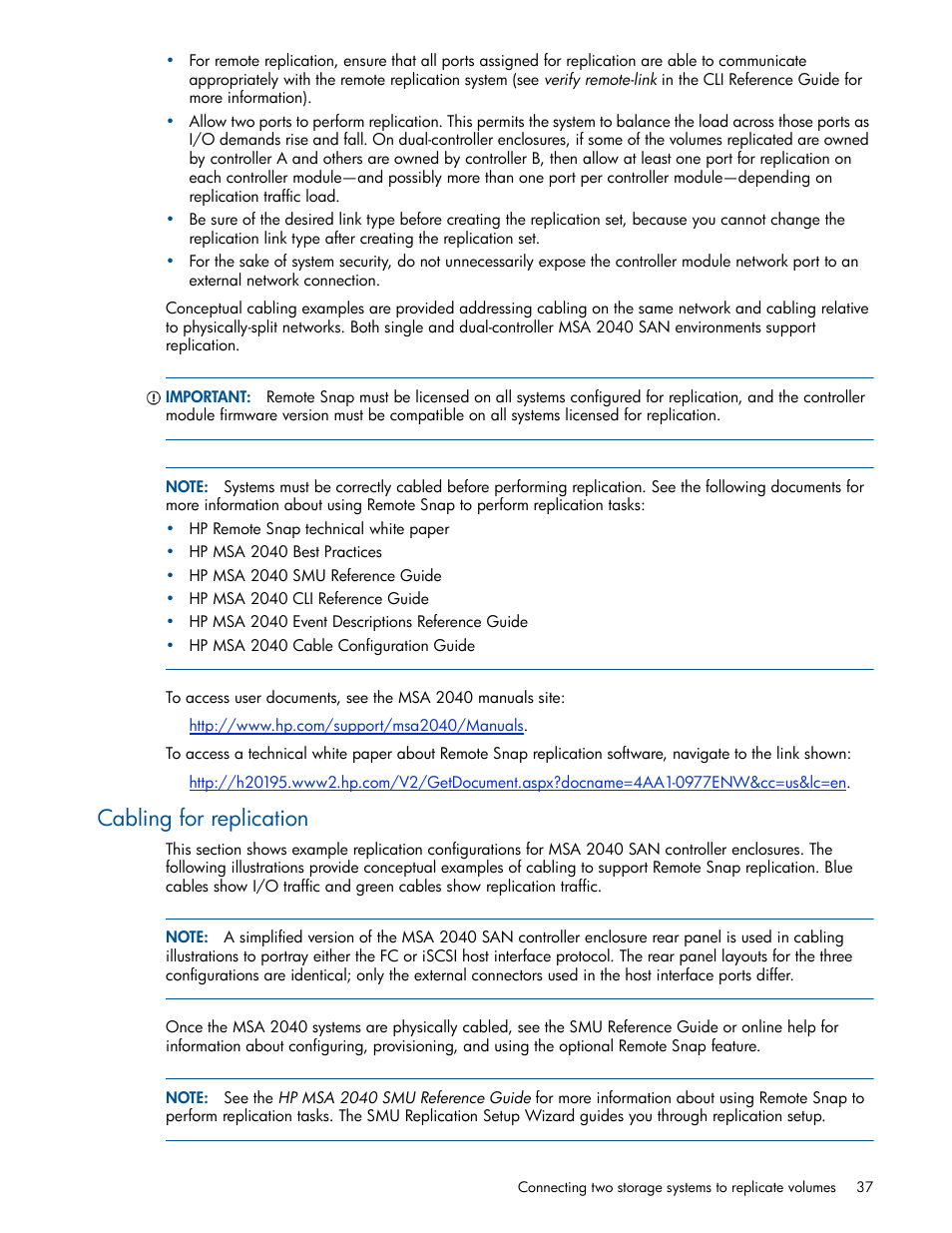 Cabling for replication | HP MSA 2040 SAN Storage User Manual | Page 37 / 94