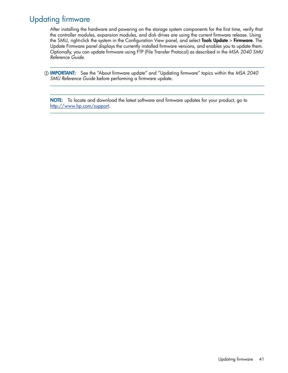 Updating firmware | HP MSA 2040 SAN Storage User Manual | Page 41 / 94