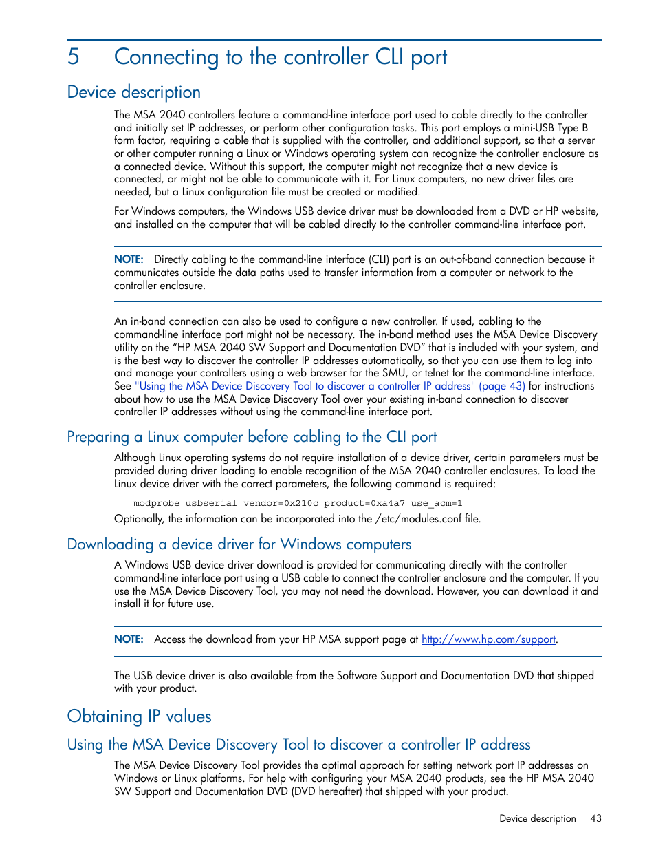 Connecting to the controller cli port, Device description, Downloading a device driver for windows computers | Obtaining ip values, 5 connecting to the controller cli port, 5connecting to the controller cli port | HP MSA 2040 SAN Storage User Manual | Page 43 / 94