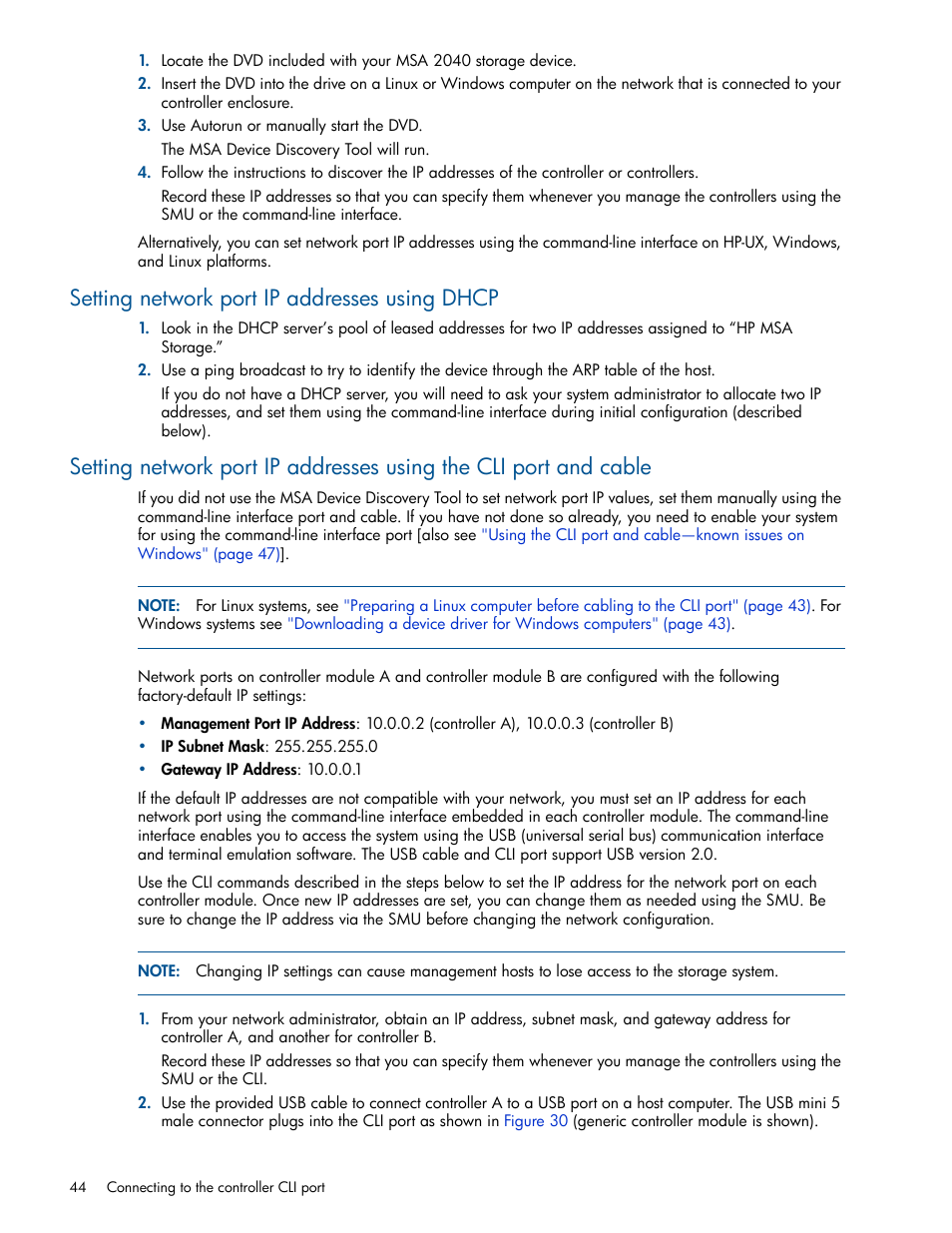 Setting network port ip addresses using dhcp | HP MSA 2040 SAN Storage User Manual | Page 44 / 94