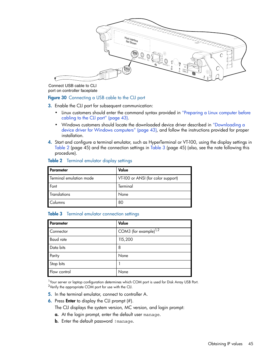 30 connecting a usb cable to the cli port, 2 terminal emulator display settings, 3 terminal emulator connection settings | N in, Figure 30 | HP MSA 2040 SAN Storage User Manual | Page 45 / 94