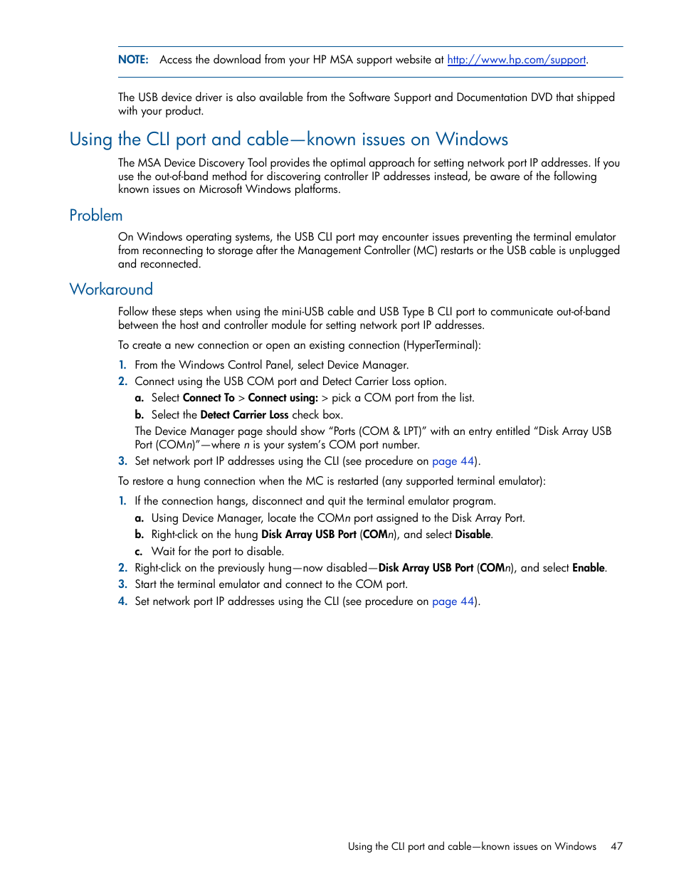 Problem, Workaround, Using the cli port and cable—known issues on | HP MSA 2040 SAN Storage User Manual | Page 47 / 94