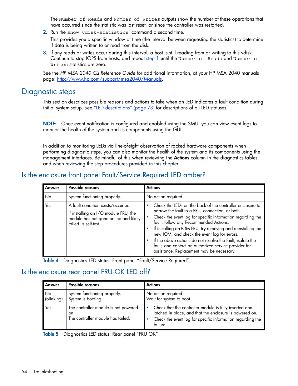 Diagnostic steps, Is the enclosure rear panel fru ok led off, 5 diagnostics led status: rear panel “fru ok | HP MSA 2040 SAN Storage User Manual | Page 54 / 94