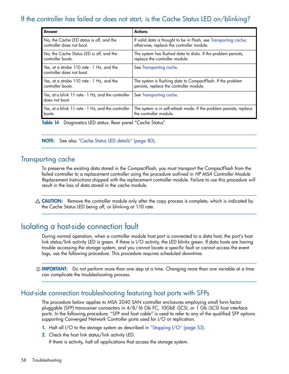 Transporting cache, Isolating a host-side connection fault | HP MSA 2040 SAN Storage User Manual | Page 58 / 94