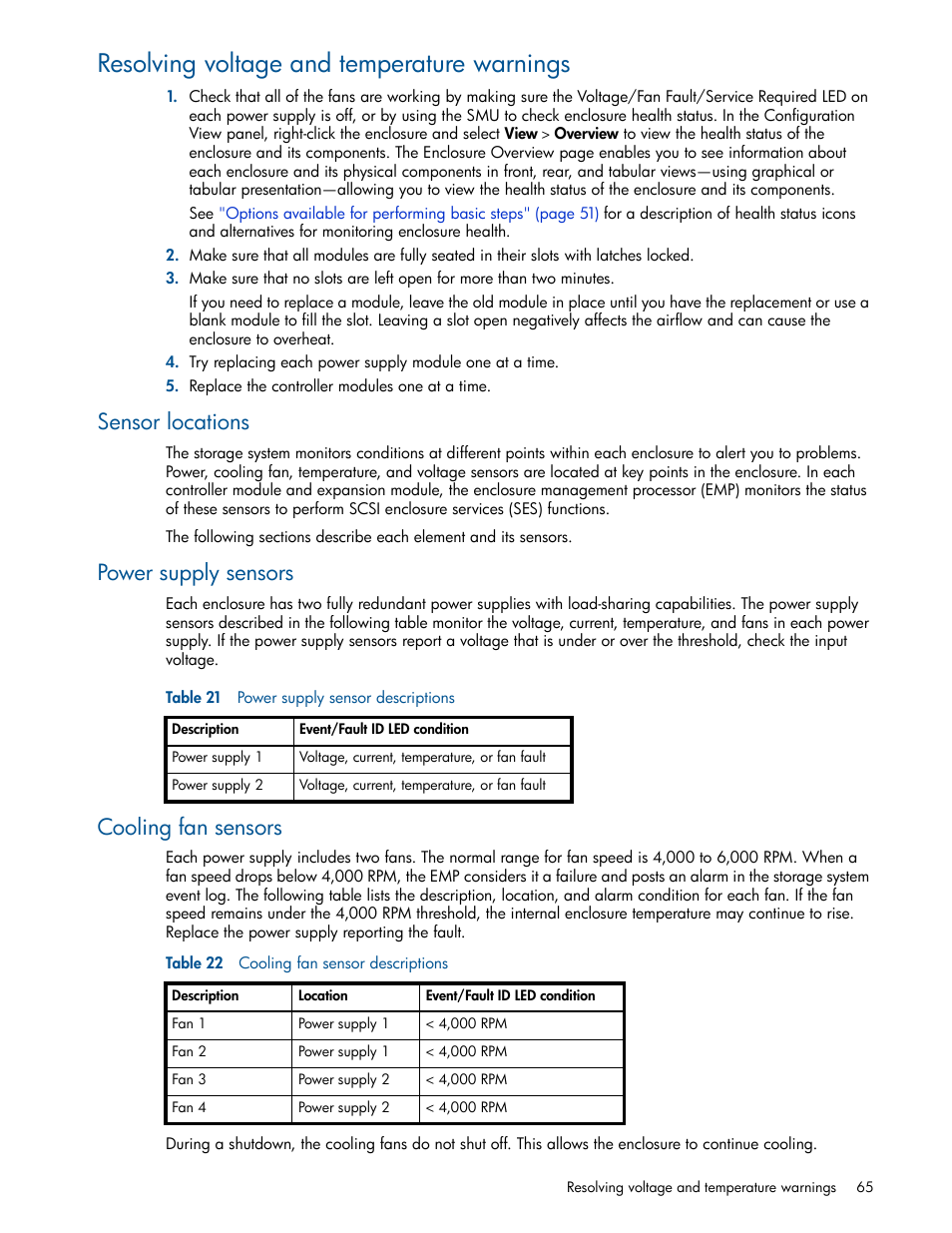 Resolving voltage and temperature warnings, Sensor locations, Power supply sensors | Cooling fan sensors, 21 power supply sensor descriptions, 22 cooling fan sensor descriptions | HP MSA 2040 SAN Storage User Manual | Page 65 / 94