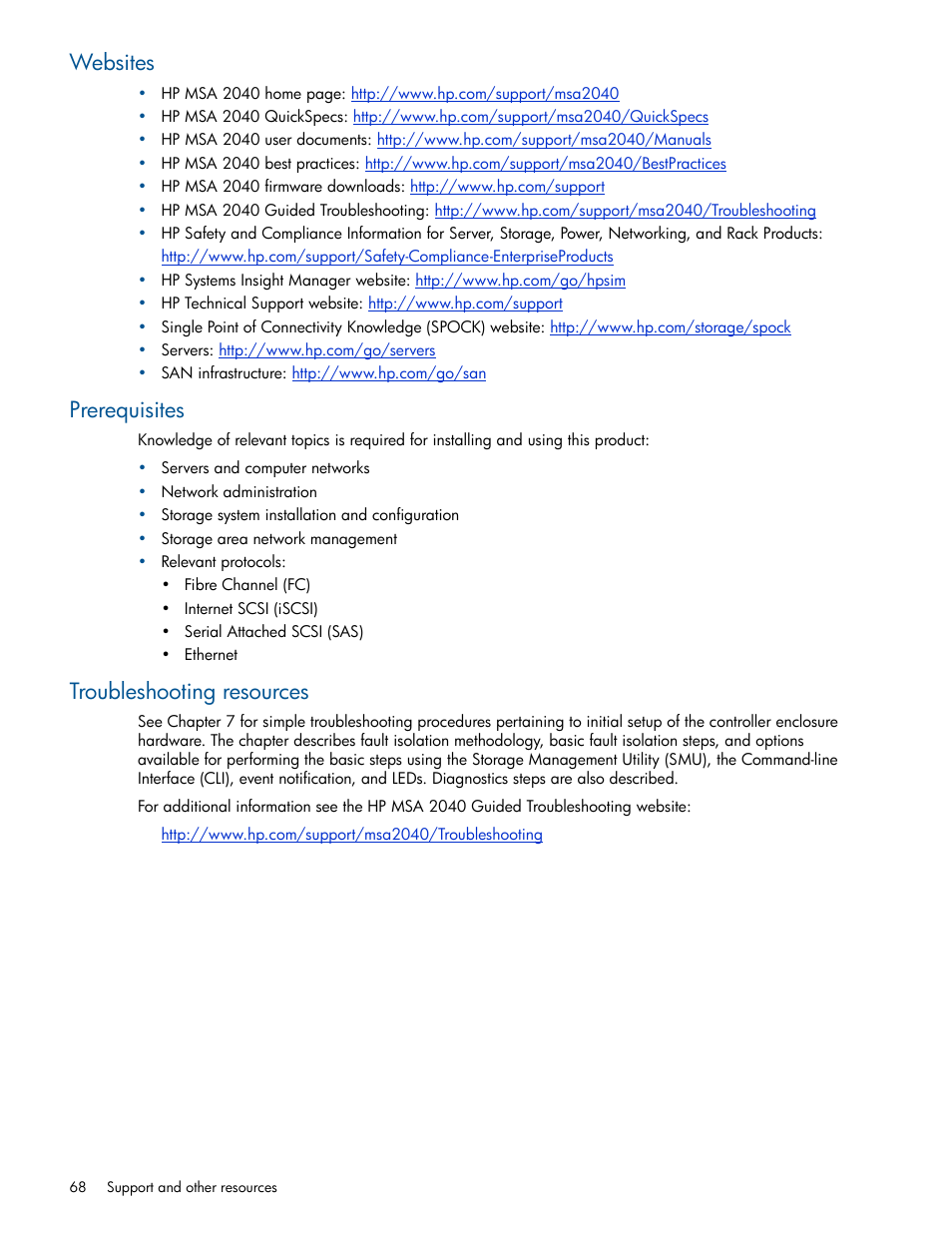 Websites, Prerequisites, Troubleshooting resources | HP MSA 2040 SAN Storage User Manual | Page 68 / 94