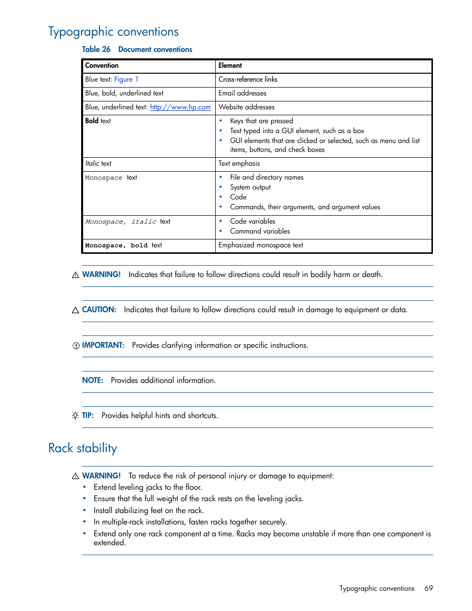 Typographic conventions, Rack stability, 26 document conventions | HP MSA 2040 SAN Storage User Manual | Page 69 / 94