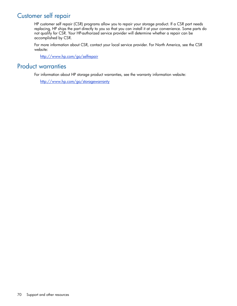 Customer self repair, Product warranties | HP MSA 2040 SAN Storage User Manual | Page 70 / 94