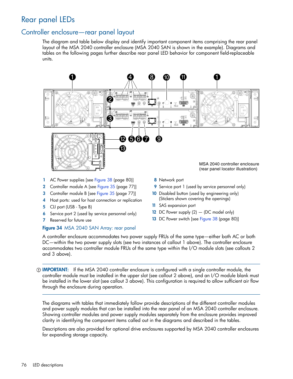 Rear panel leds, Controller enclosure-rear panel layout, Controller enclosure—rear panel layout | 34 msa 2040 san array: rear panel | HP MSA 2040 SAN Storage User Manual | Page 76 / 94