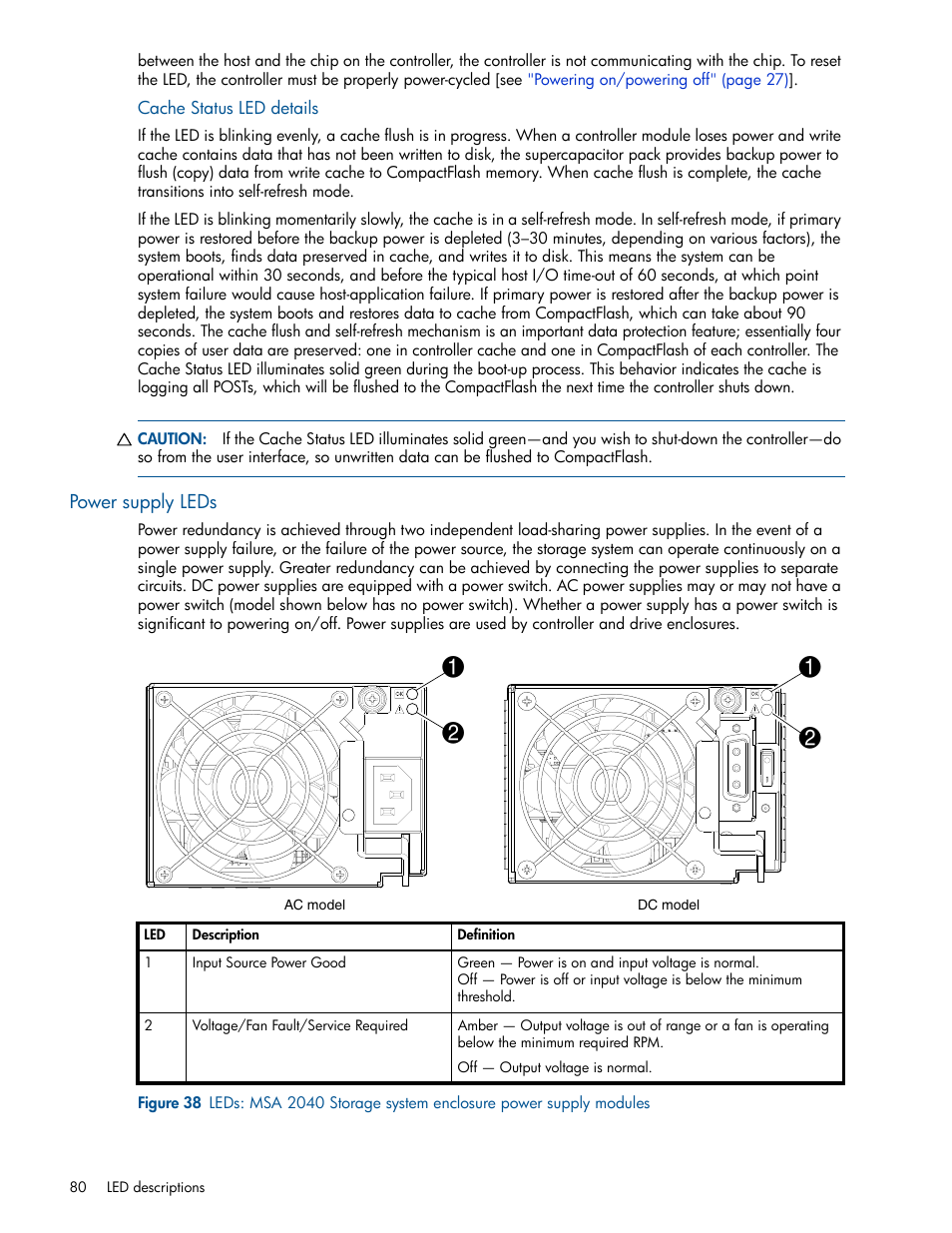 Power supply leds, Figure 38, Cache status led details | HP MSA 2040 SAN Storage User Manual | Page 80 / 94