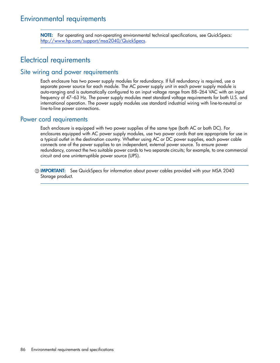 Environmental requirements, Electrical requirements, Site wiring and power requirements | Power cord requirements | HP MSA 2040 SAN Storage User Manual | Page 86 / 94