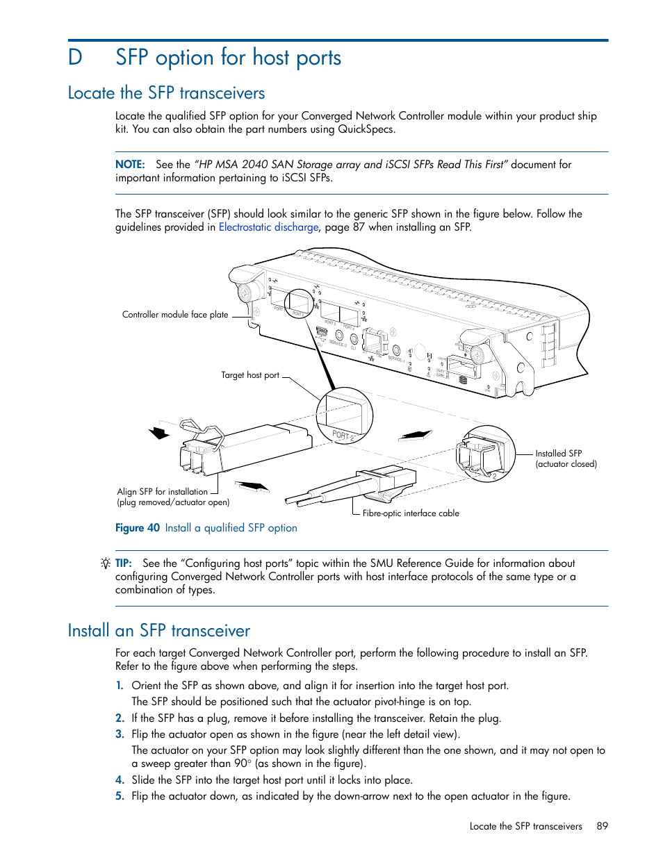 Sfp option for host ports, Locate the sfp transceivers, Install an sfp transceiver | D sfp option for host ports, 40 install a qualified sfp option, Dsfp option for host ports | HP MSA 2040 SAN Storage User Manual | Page 89 / 94