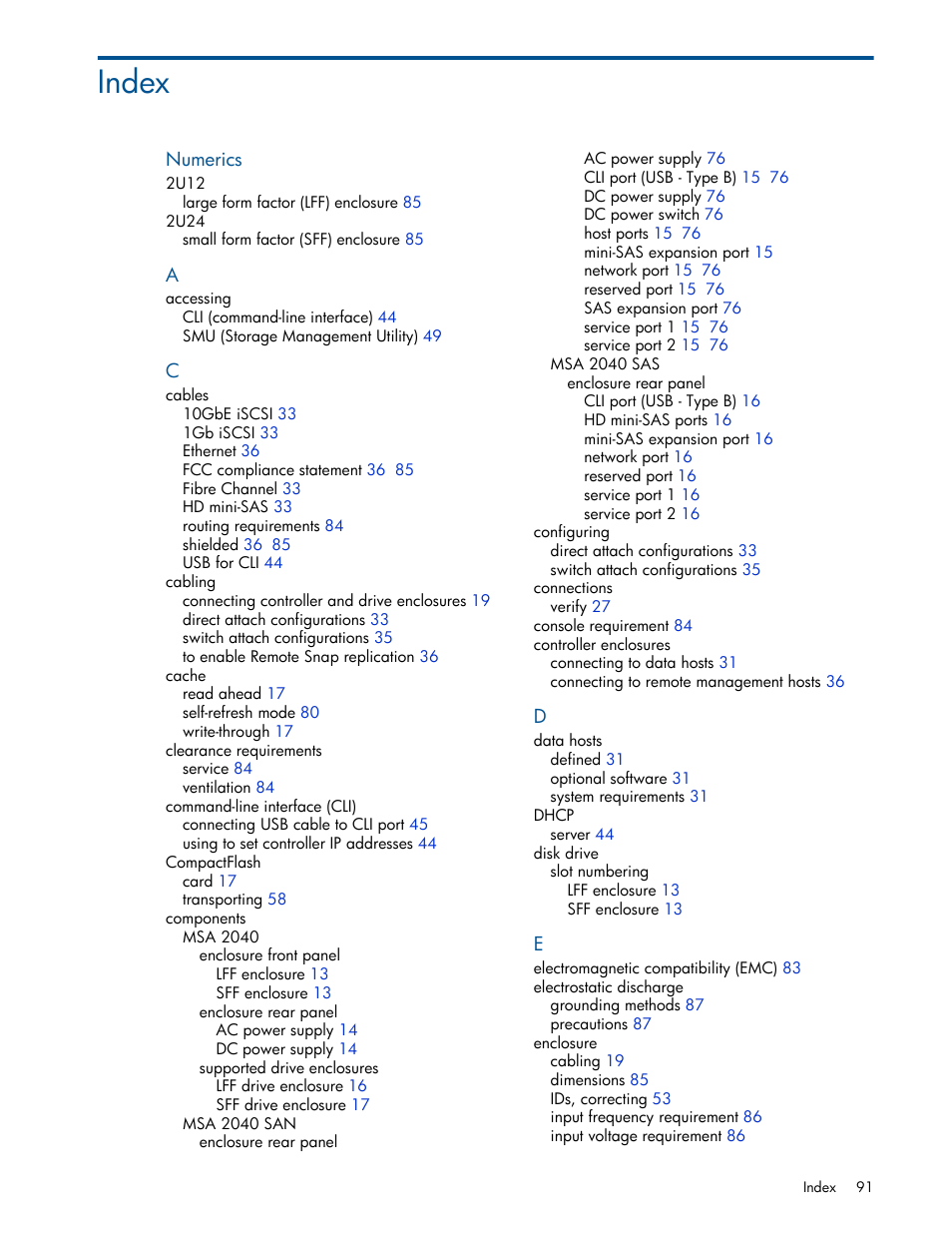 Index | HP MSA 2040 SAN Storage User Manual | Page 91 / 94