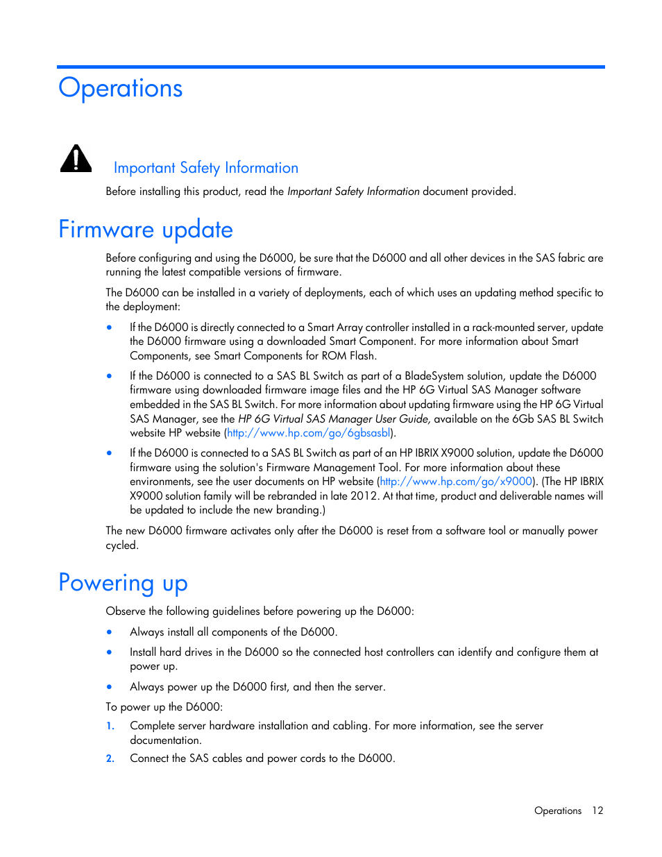 Operations, Firmware update, Powering up | Important safety information | HP D6000 Disk Enclosure User Manual | Page 12 / 53