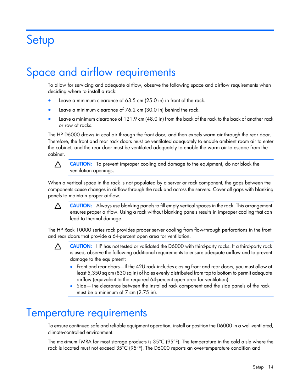 Setup, Space and airflow requirements, Temperature requirements | HP D6000 Disk Enclosure User Manual | Page 14 / 53