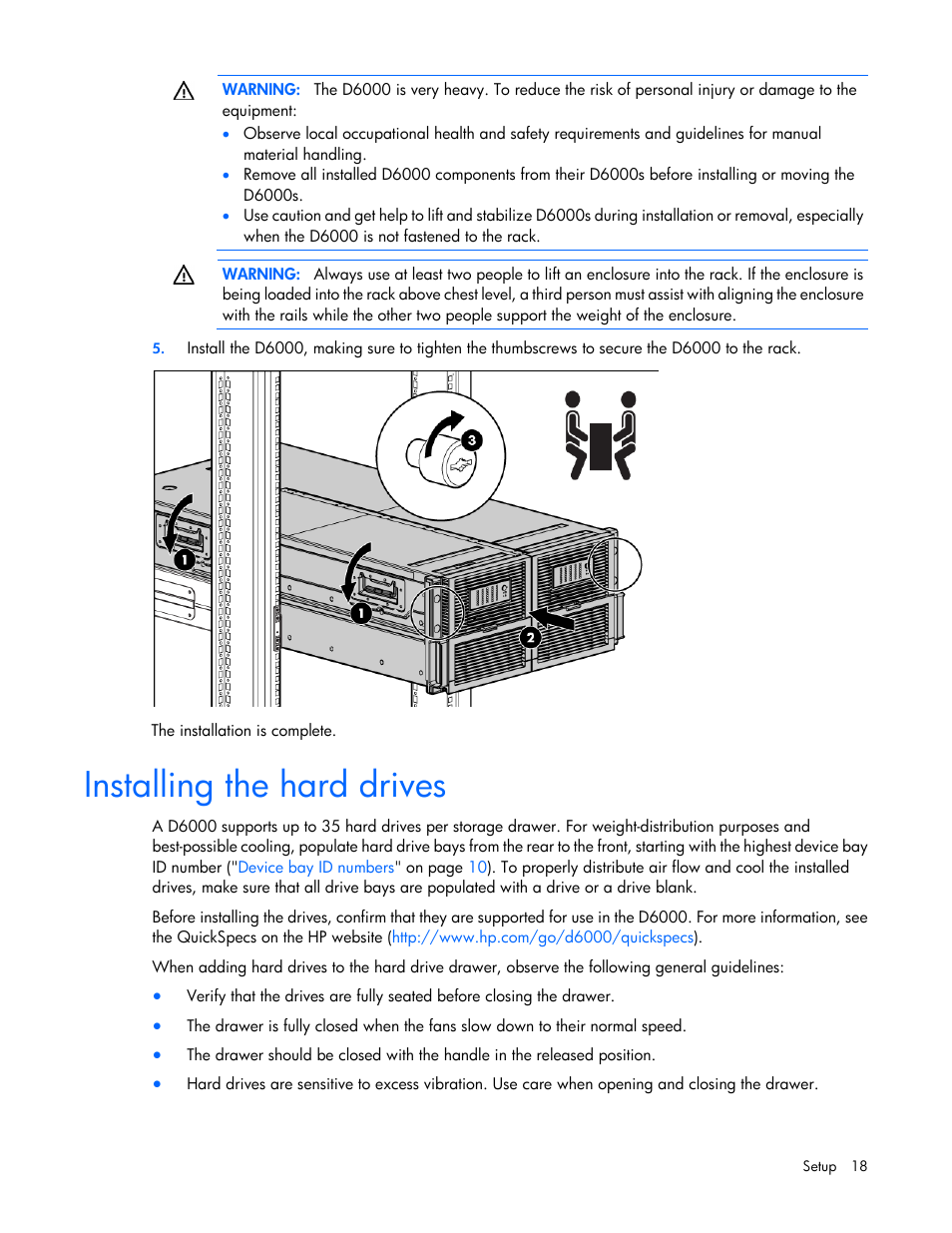 Installing the hard drives | HP D6000 Disk Enclosure User Manual | Page 18 / 53