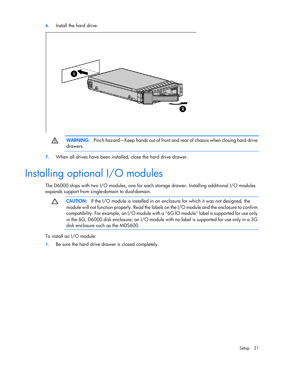 Installing optional i/o modules | HP D6000 Disk Enclosure User Manual | Page 21 / 53
