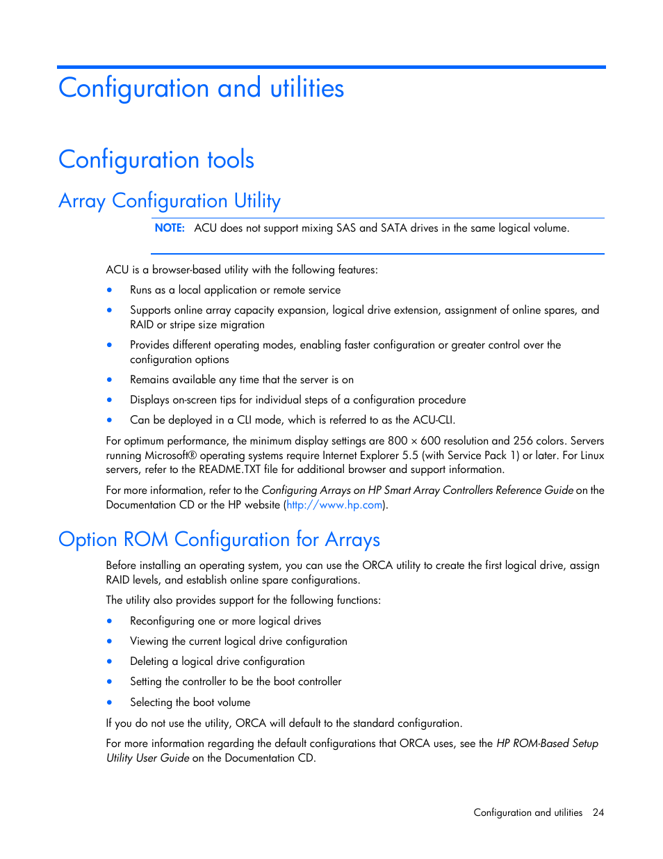 Configuration and utilities, Configuration tools, Array configuration utility | Option rom configuration for arrays | HP D6000 Disk Enclosure User Manual | Page 24 / 53